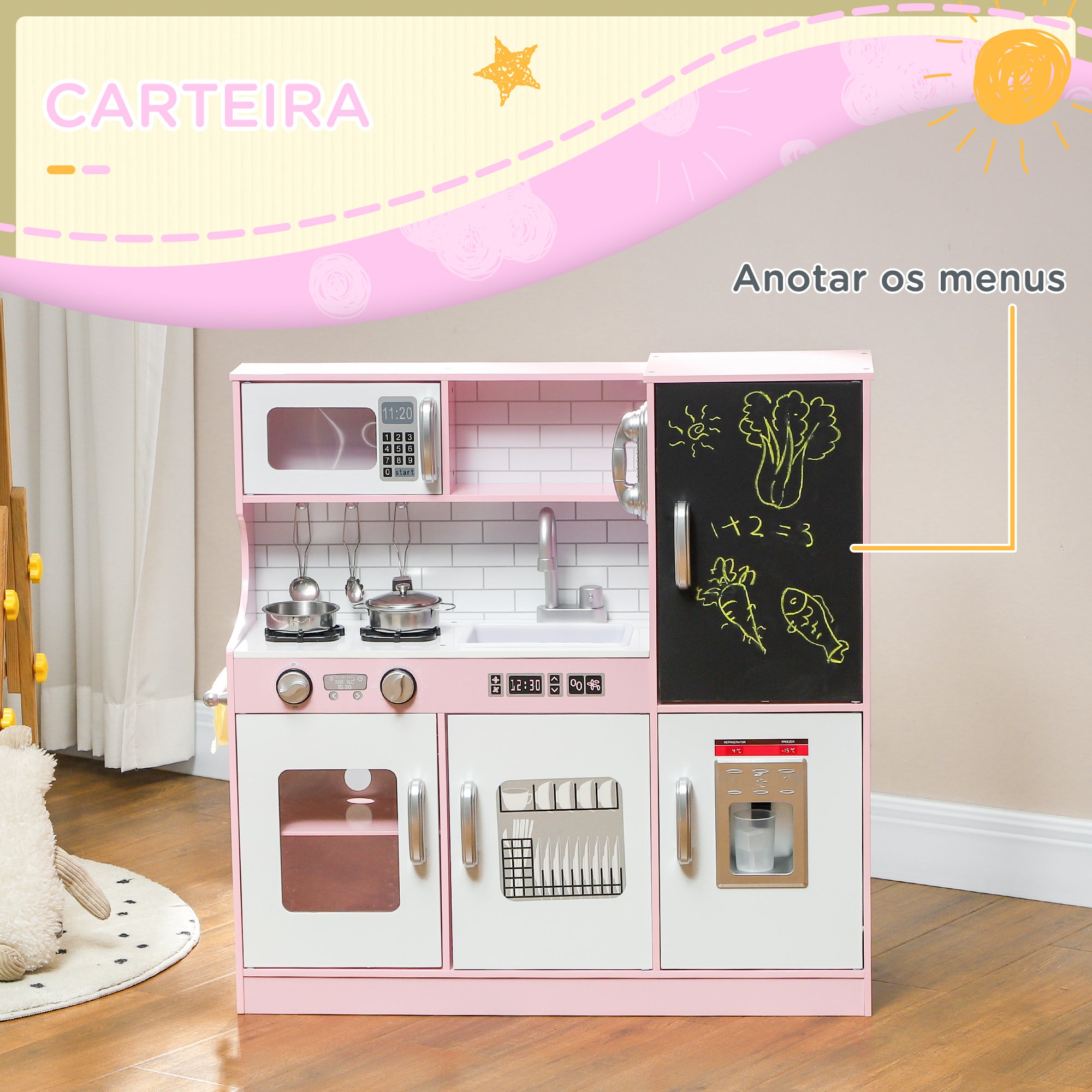 Cozinha Infantil de Madeira Rosa 83,8x26,8x81 cm