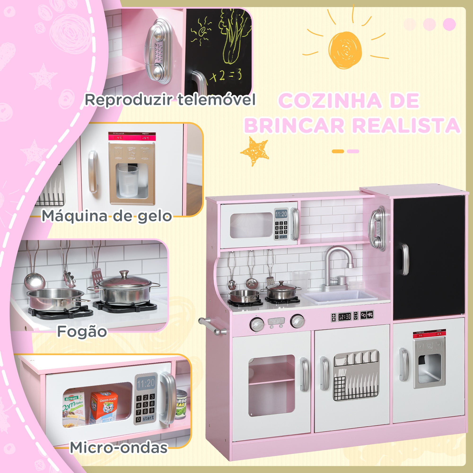 Cozinha Infantil de Madeira Rosa 83,8x26,8x81 cm