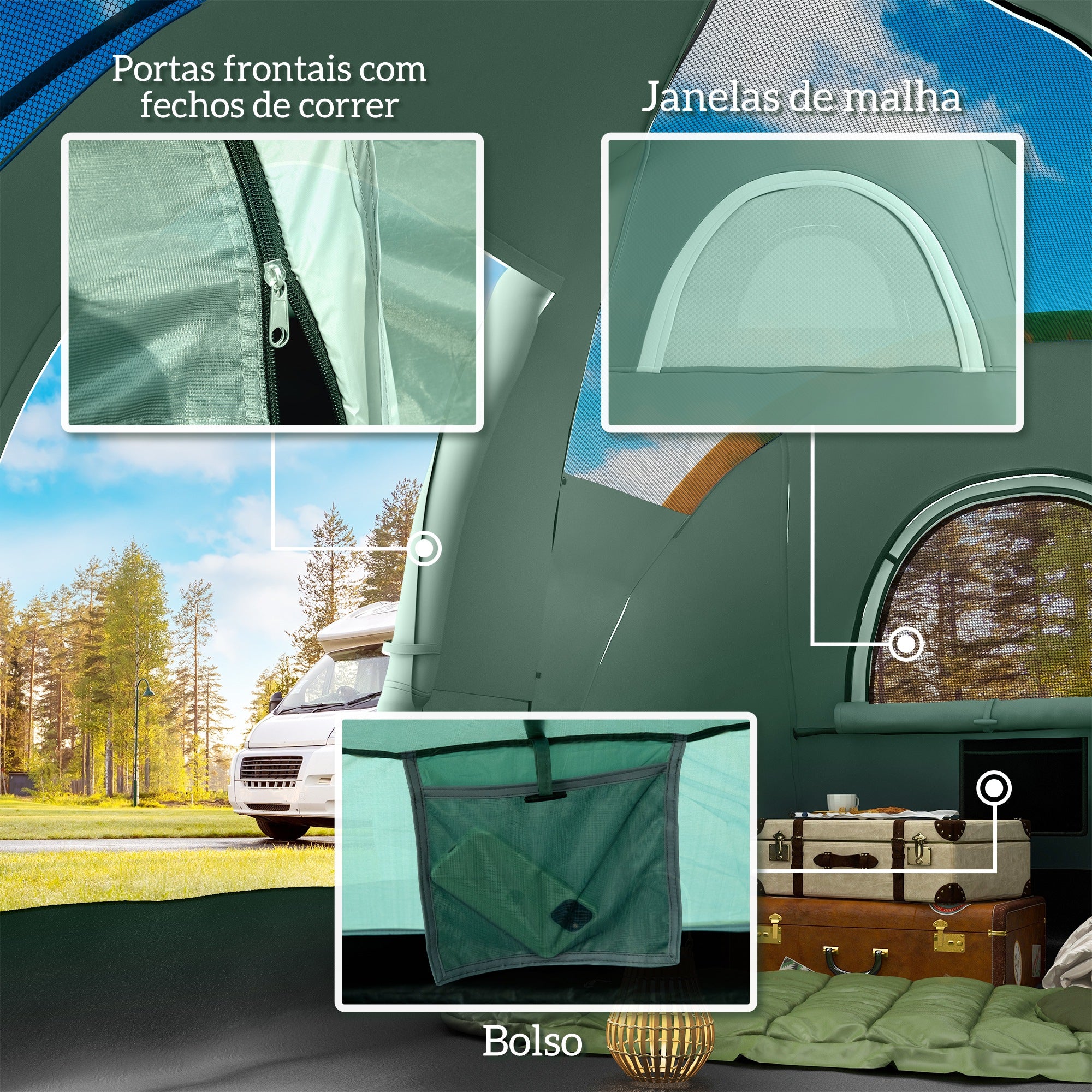 Tenda de Campismo para 4-5 Pessoas, 455x230x180cm, Verde e Preto