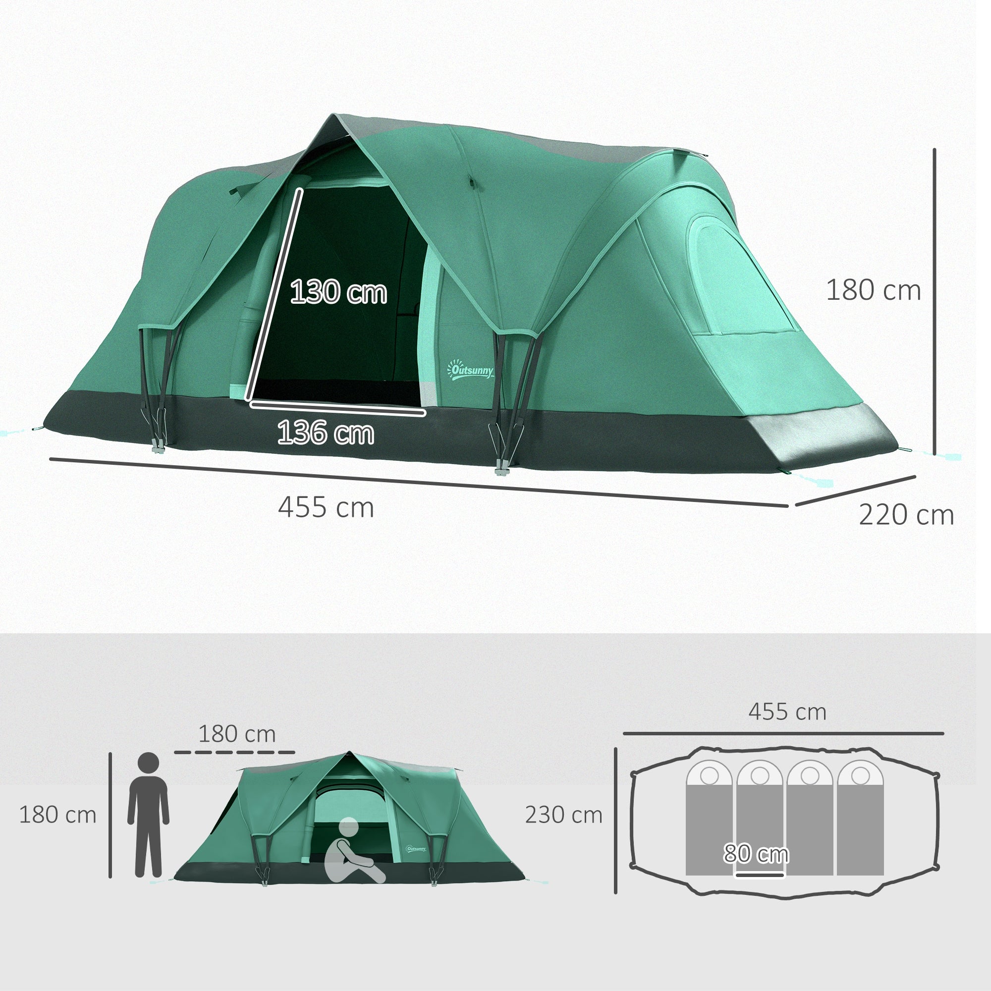 Tenda de Campismo para 4-5 Pessoas, 455x230x180cm, Verde e Preto