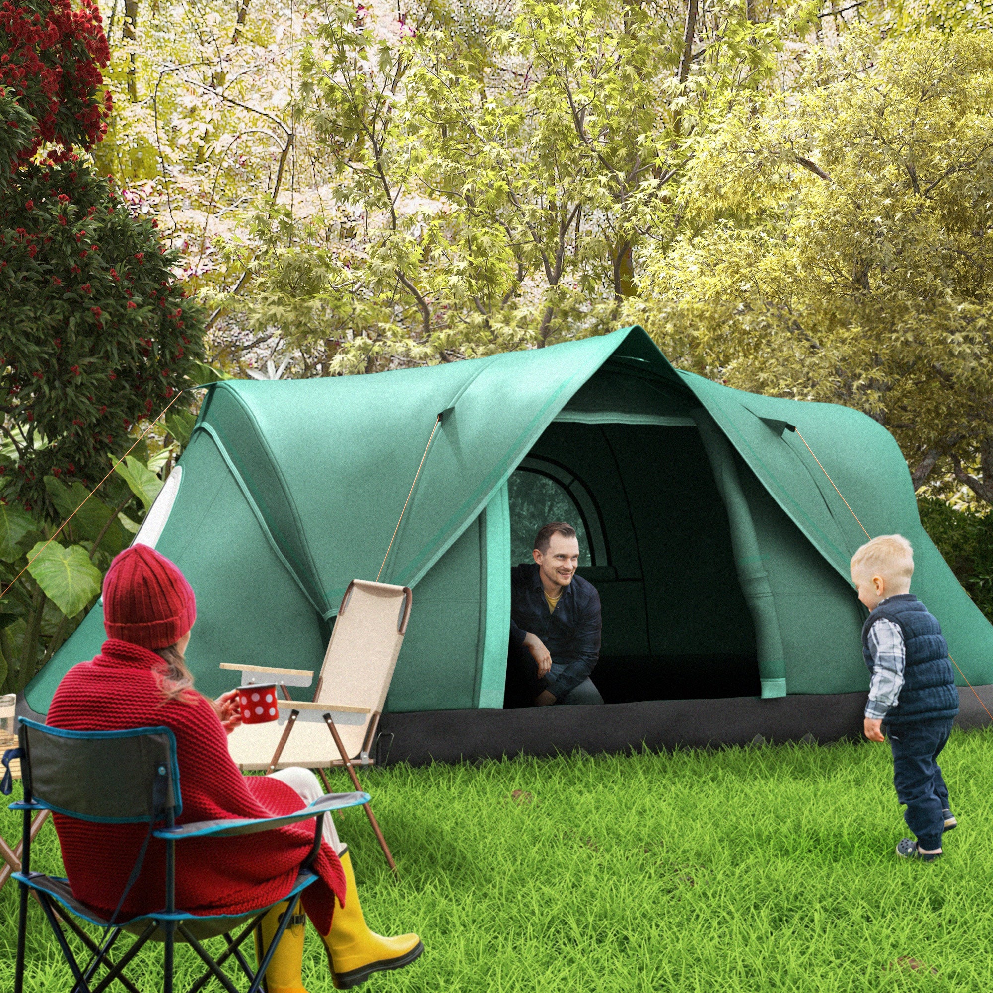 Tenda de Campismo para 4-5 Pessoas, 455x230x180cm, Verde e Preto