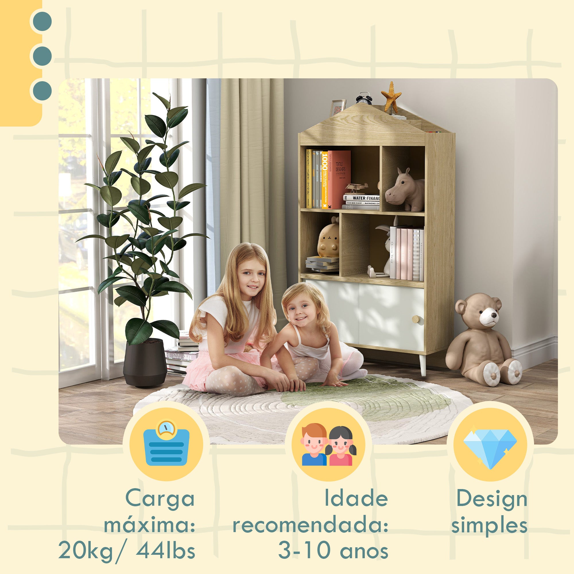 Estante Infantil de Madeira 80x30x140,5 cm - Branco e Madeira