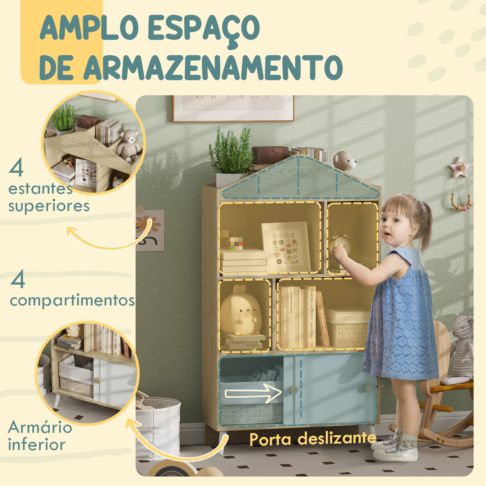 Estante Infantil de Madeira 80x30x140,5 cm - Branco e Madeira