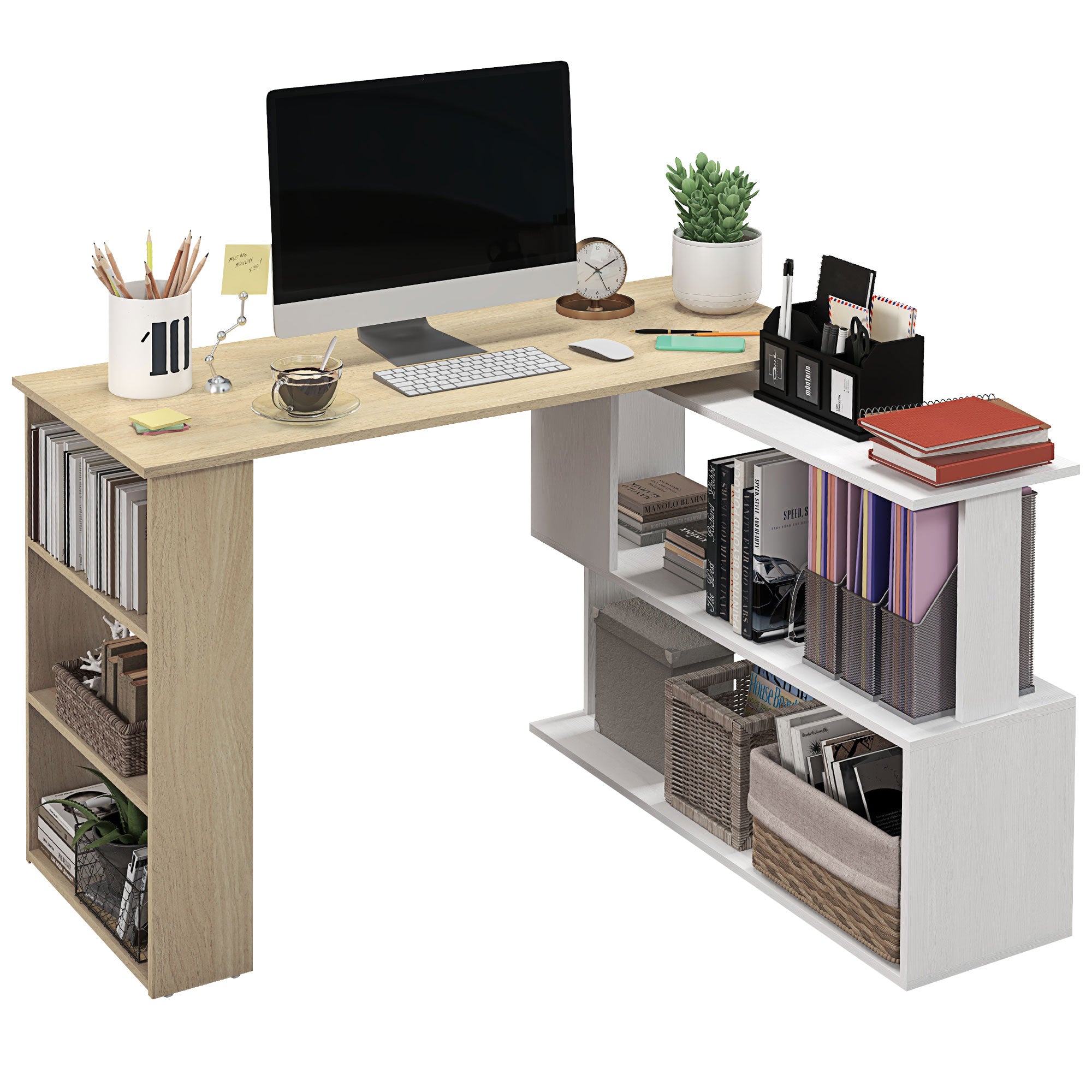 Mesa de Canto Giratória 360° com 5 Prateleiras - 120x110x74,5 cm - Madeira e Branco