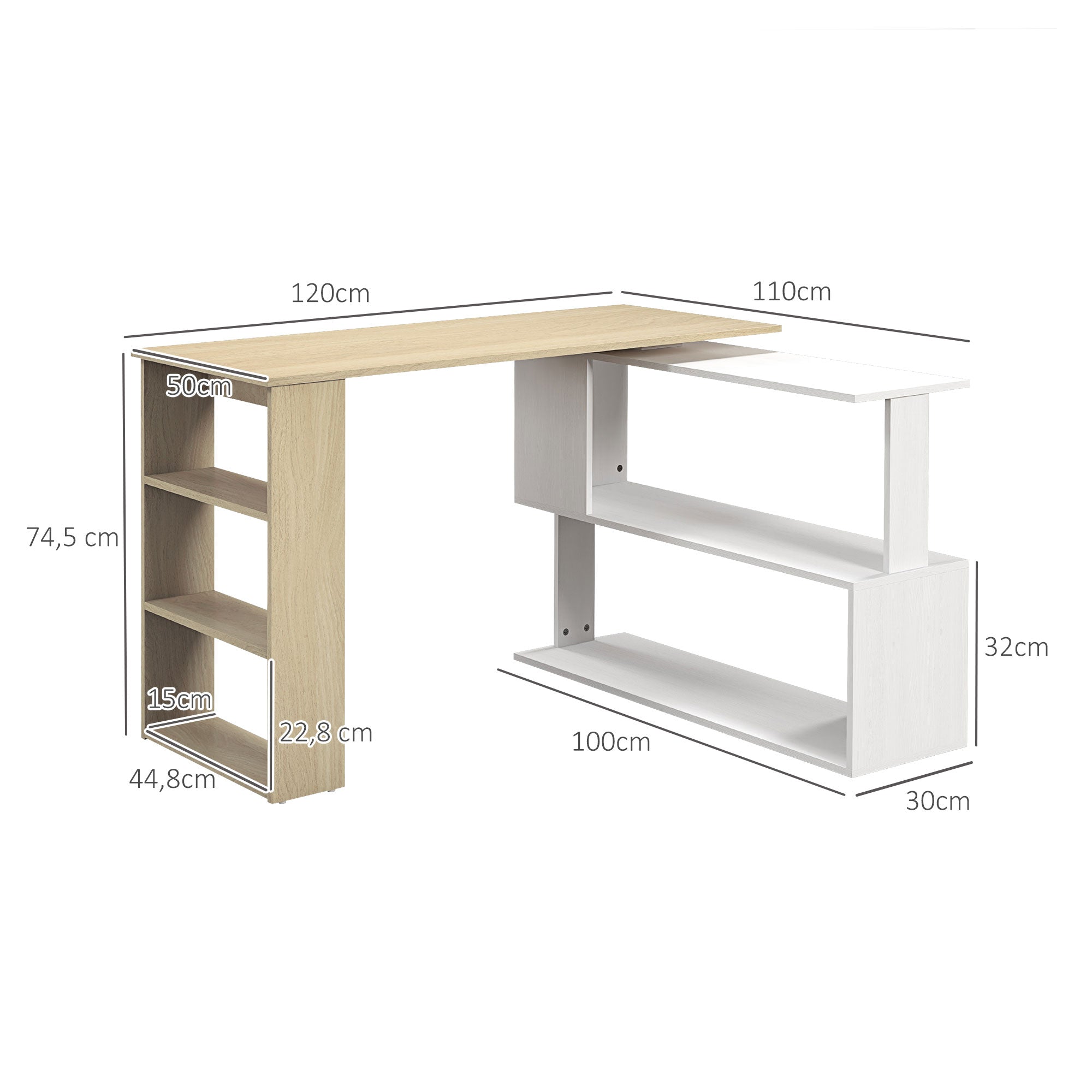 Mesa de Canto Giratória 360° com 5 Prateleiras - 120x110x74,5 cm - Madeira e Branco