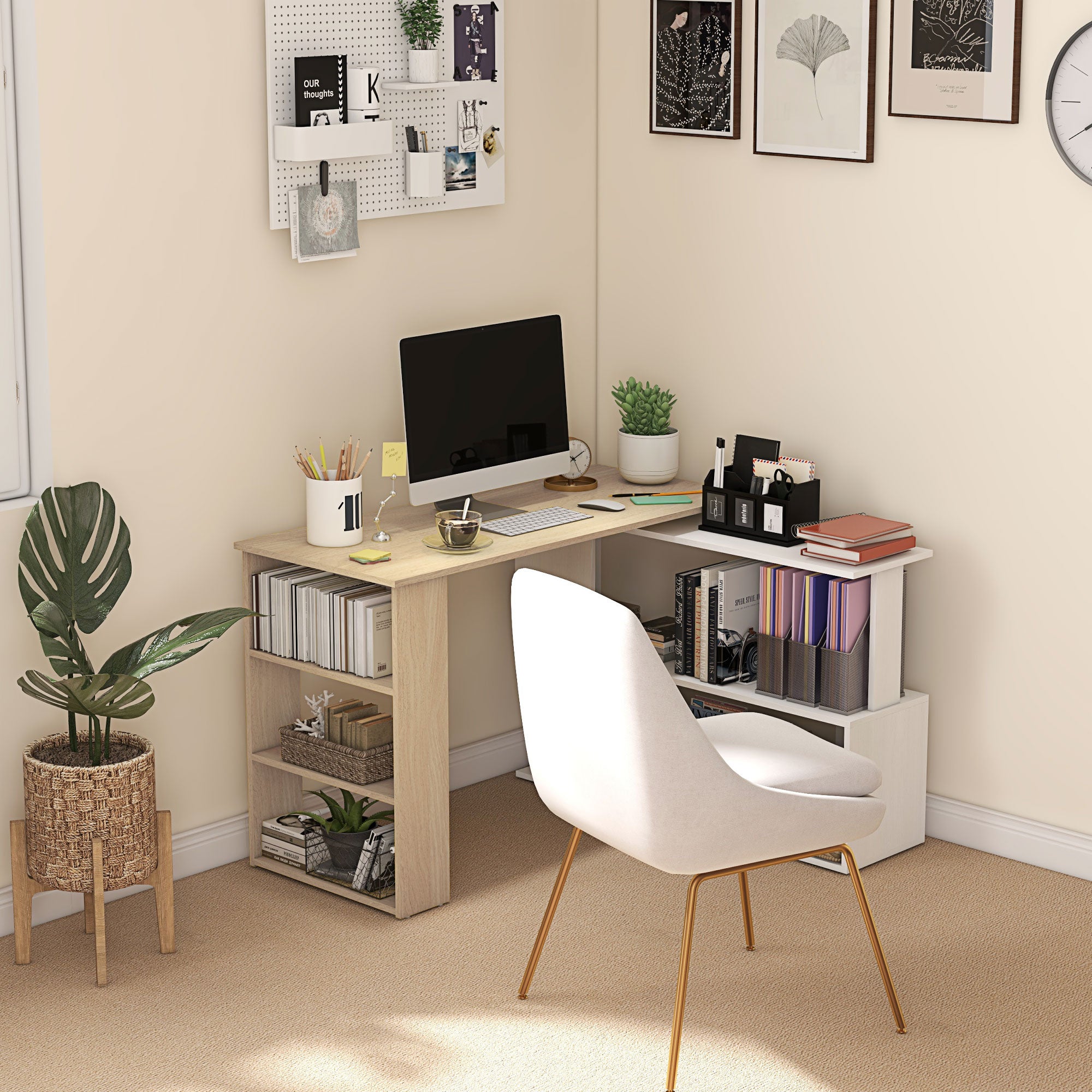 Mesa de Canto Giratória 360° com 5 Prateleiras - 120x110x74,5 cm - Madeira e Branco