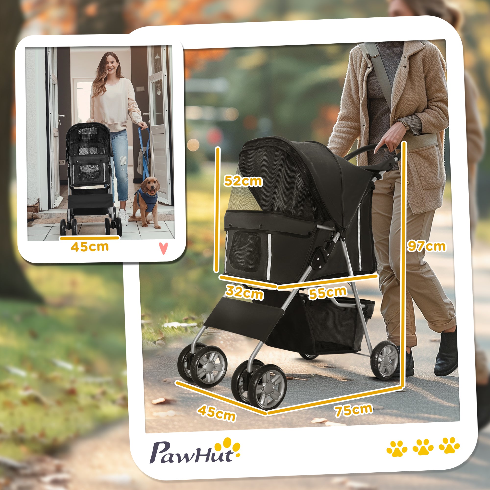 Carrinho de Passeio para Animais de Estimação – 75x45x97 cm – Preto – Aço e tecido Oxford
