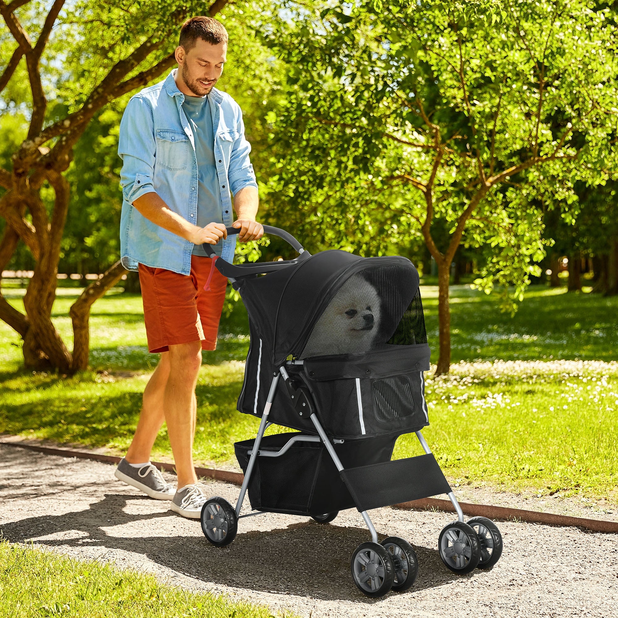 Carrinho de Passeio para Animais de Estimação – 75x45x97 cm – Preto – Aço e tecido Oxford