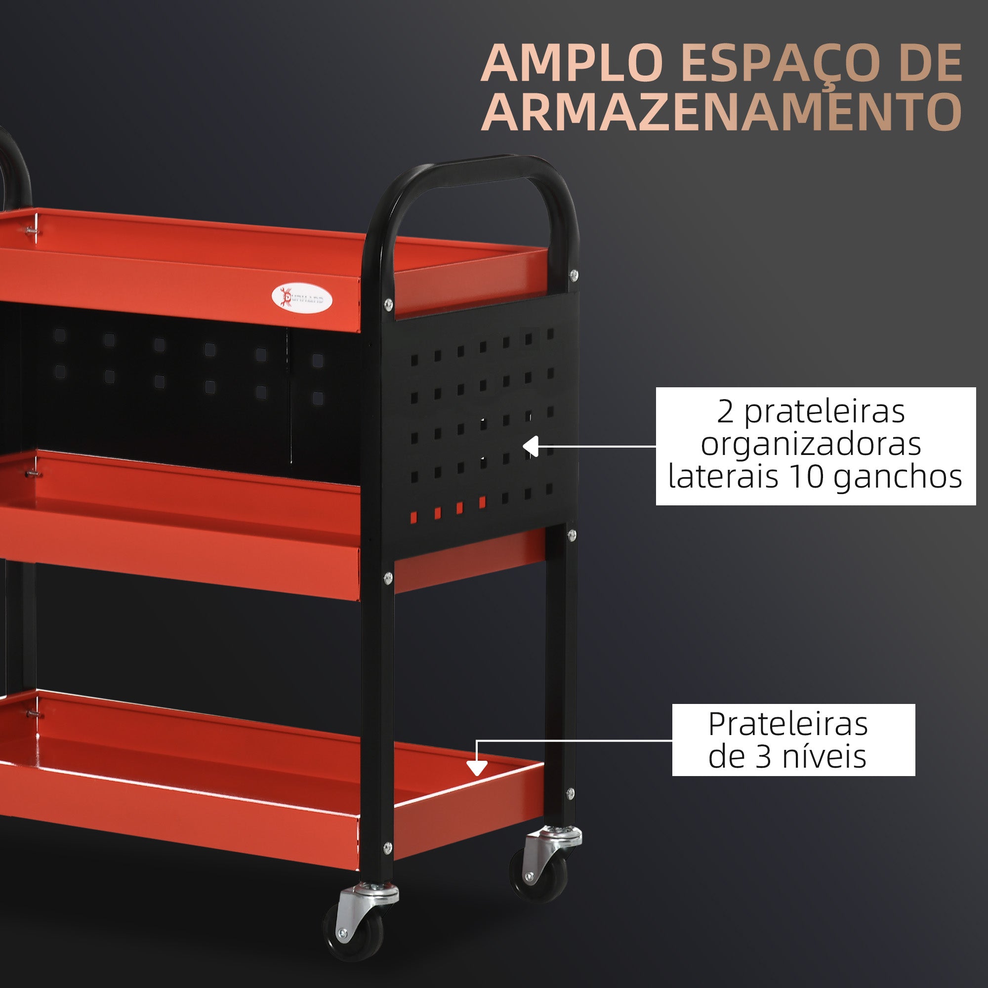 Carro de Ferramentas de Aço com 3 Prateleiras 75x35x80 cm - Vermelho