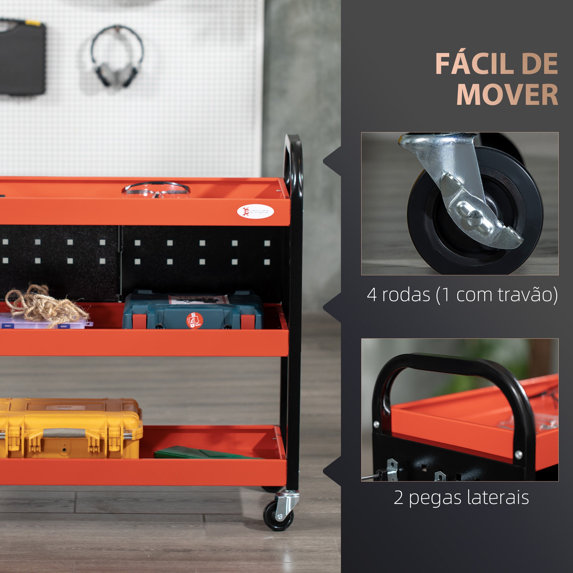 Carro de Ferramentas de Aço com 3 Prateleiras 75x35x80 cm - Vermelho