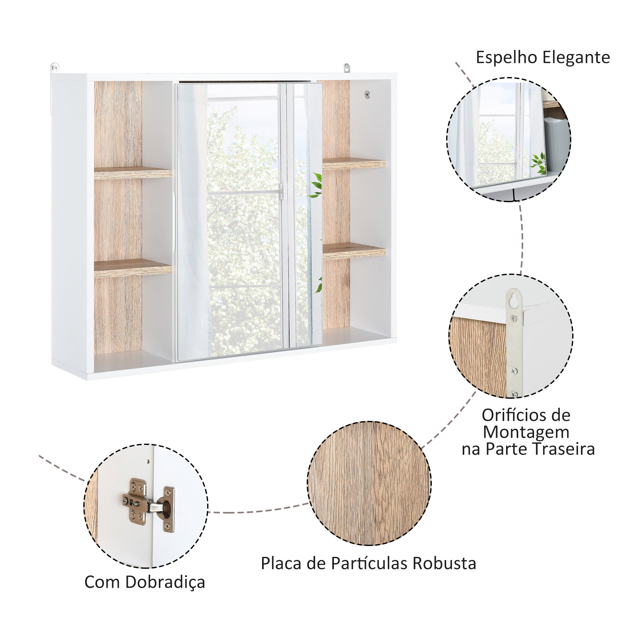 Armário de Espelho com Prateleiras Ajustáveis 60x14.5x49.4 cm - Branco e Cor de Carvalho