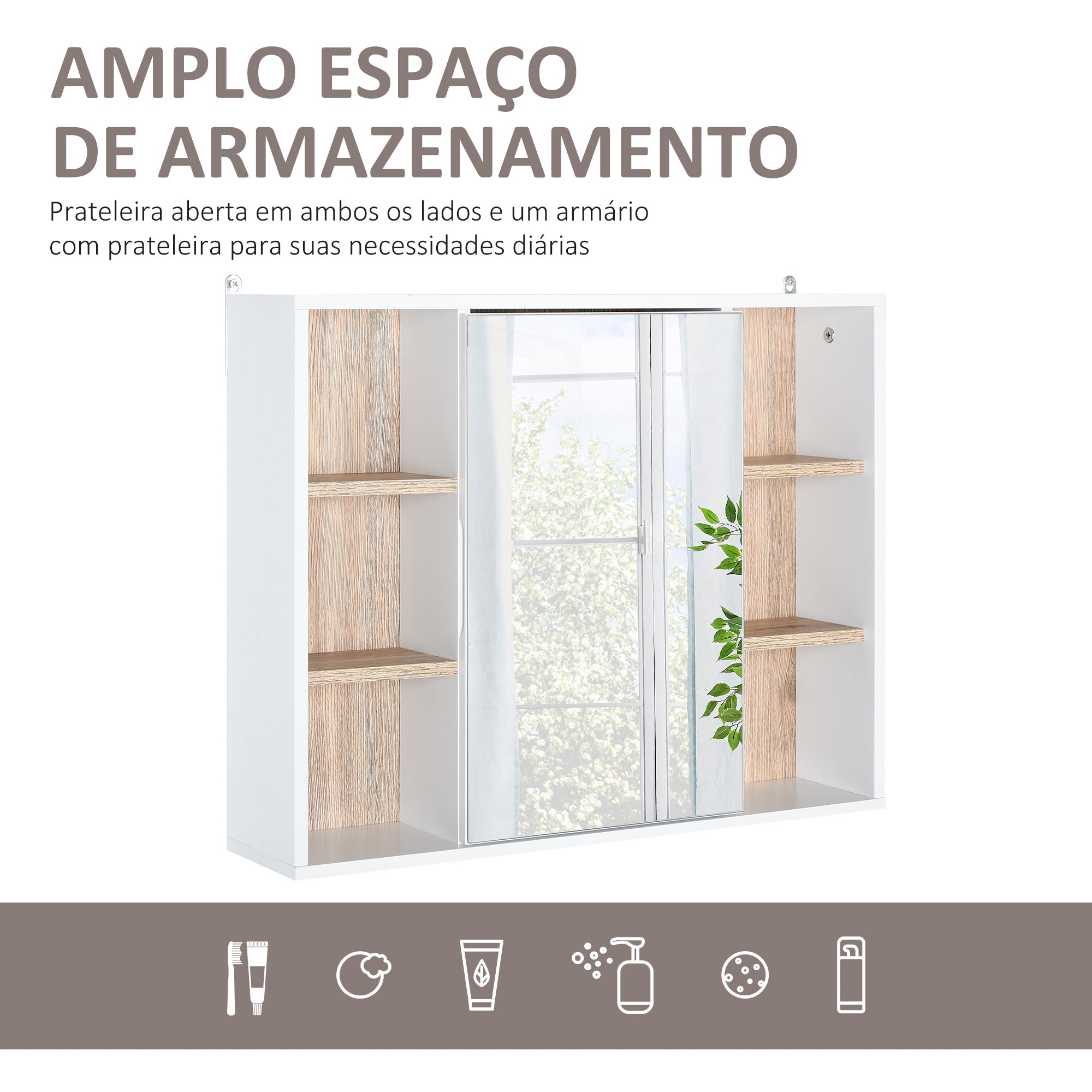 Armário de Espelho com Prateleiras Ajustáveis 60x14.5x49.4 cm - Branco e Cor de Carvalho