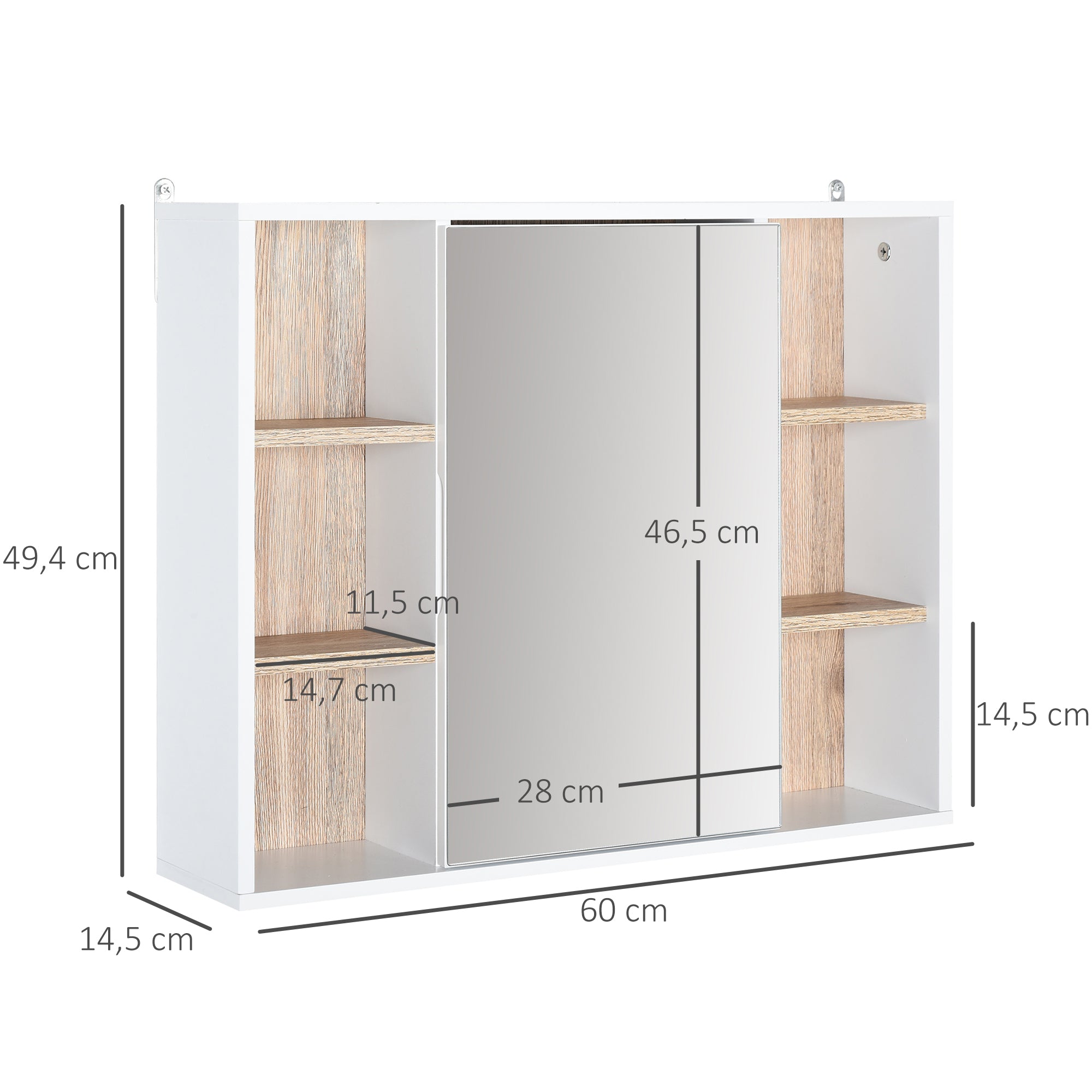 Armário de Espelho com Prateleiras Ajustáveis 60x14.5x49.4 cm - Branco e Cor de Carvalho