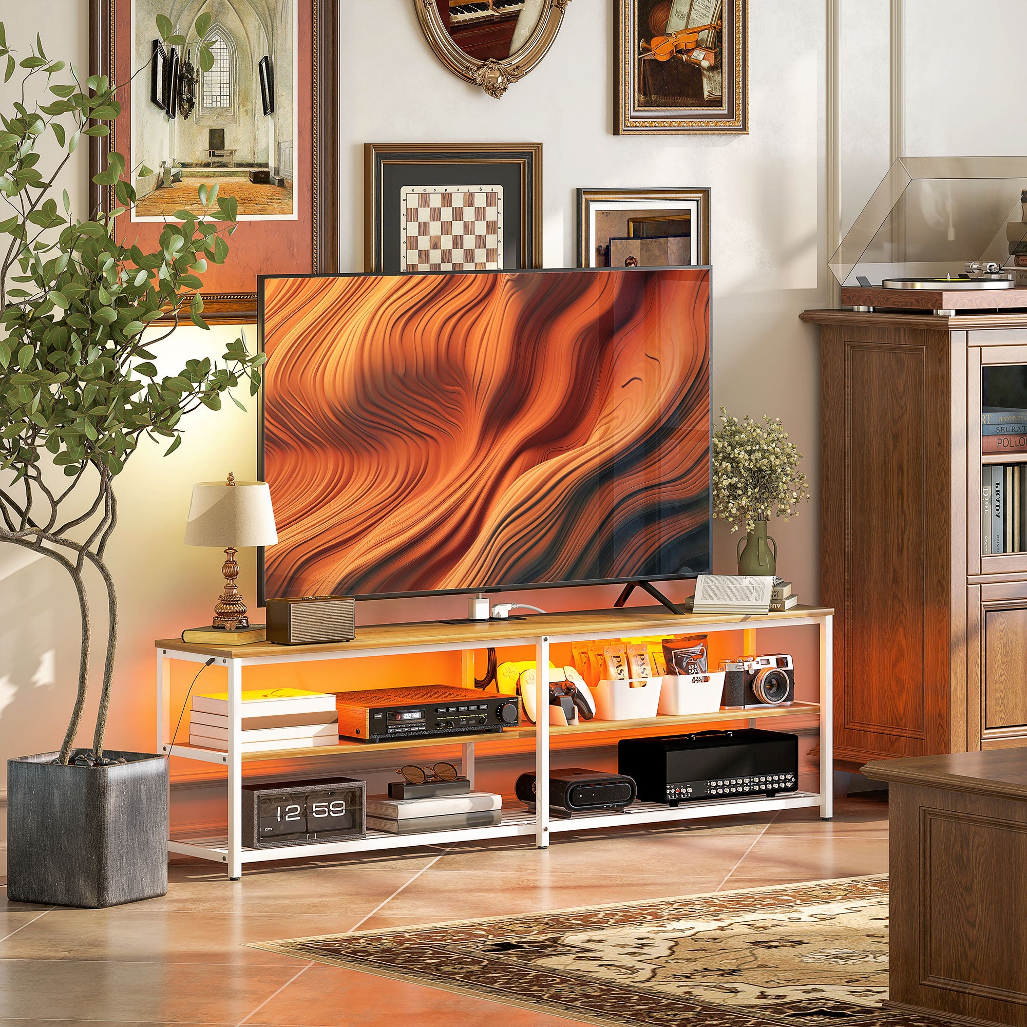 Móvel de TV Estilo Industrial com Luzes LED - 159x29x46,5 cm - Madeira e Branco