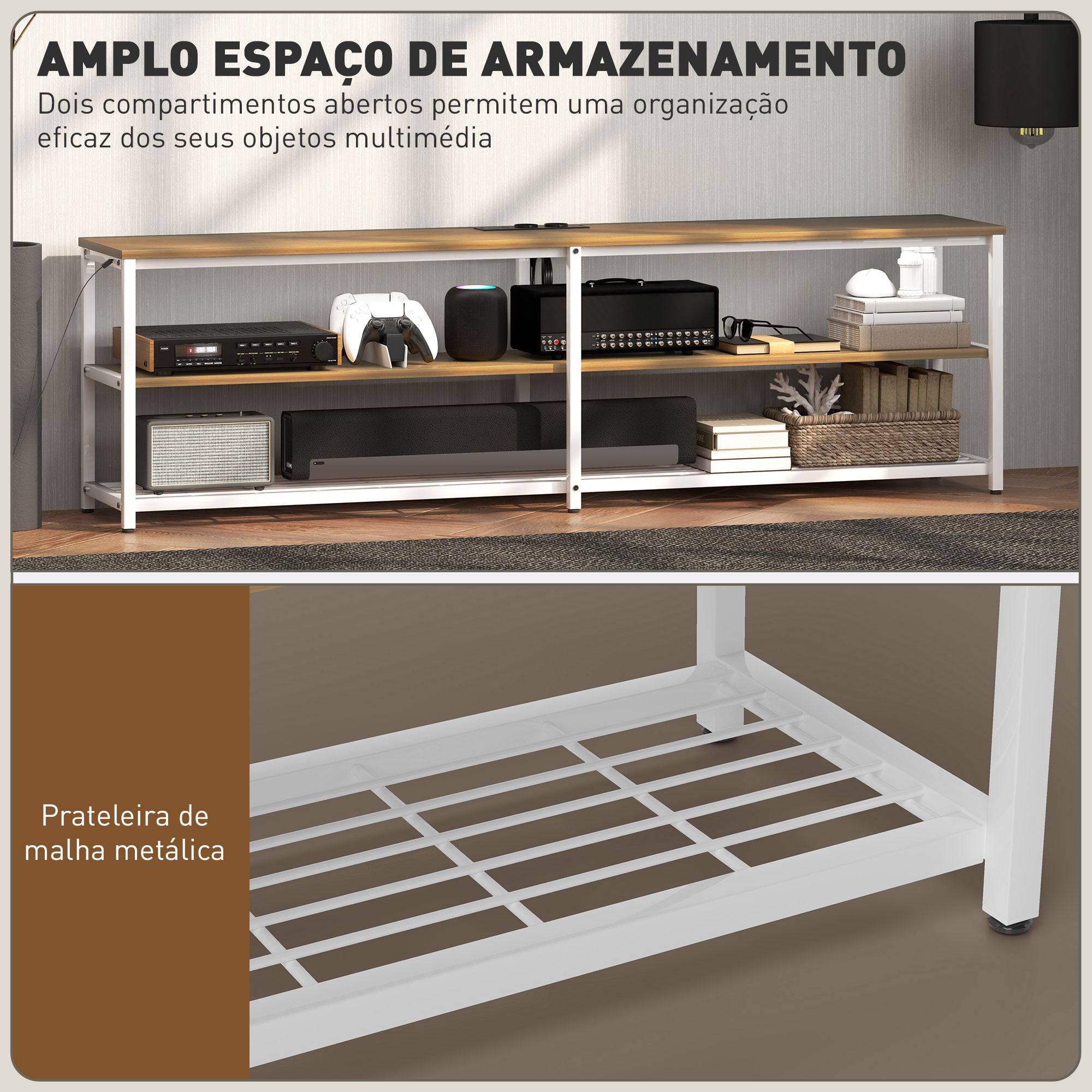 Móvel de TV Estilo Industrial com Luzes LED - 159x29x46,5 cm - Madeira e Branco