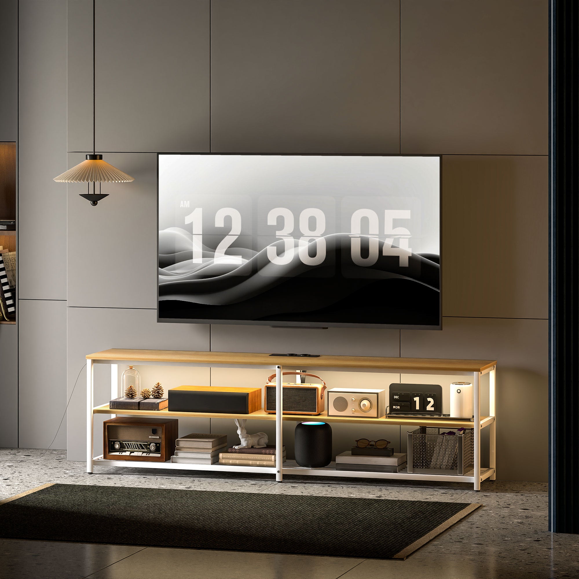 Móvel de TV Estilo Industrial com Luzes LED - 159x29x46,5 cm - Madeira e Branco