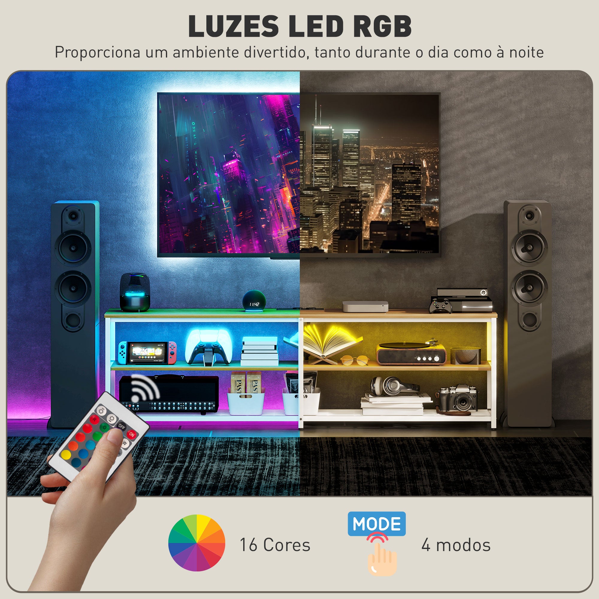 Móvel de TV Estilo Industrial com Luzes LED - 159x29x46,5 cm - Madeira e Branco