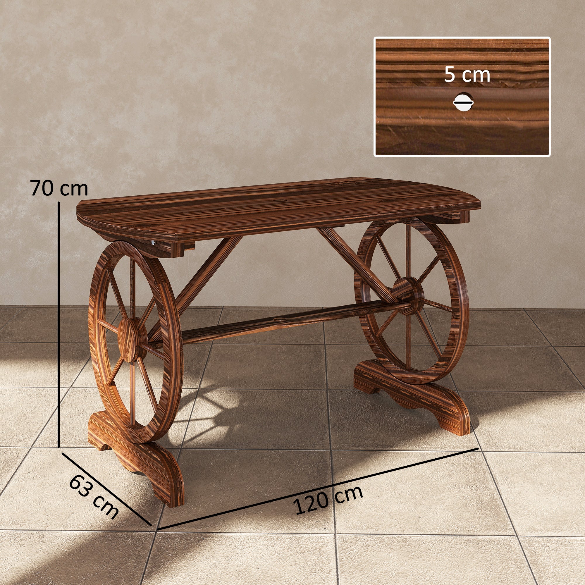 Mesa de Jardim de Madeira 120x63x70 cm - Acabamento Carbonizado