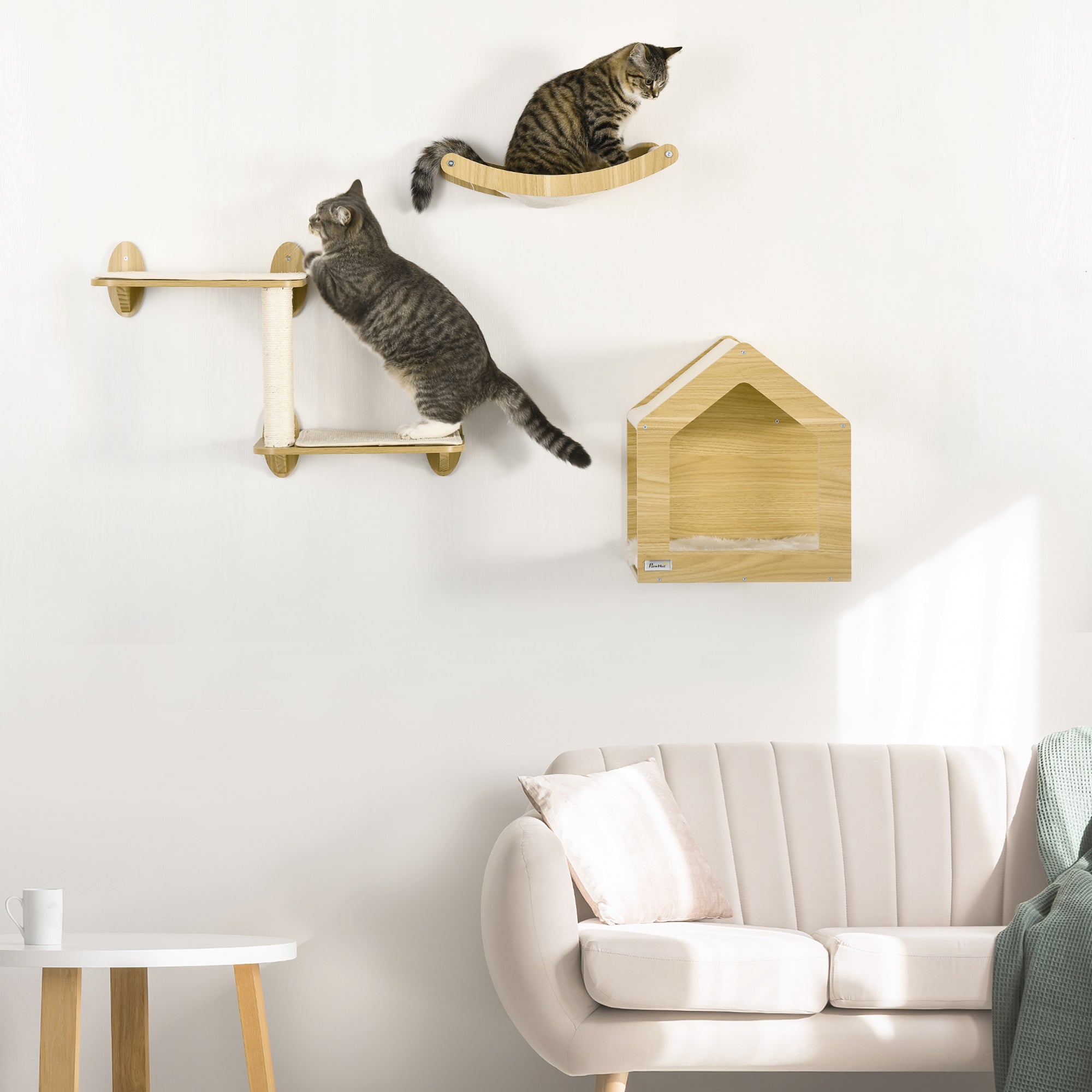 Conjunto de Prateleiras de Parede para Gatos - 40x32,5x45 cm - Cor de Carvalho