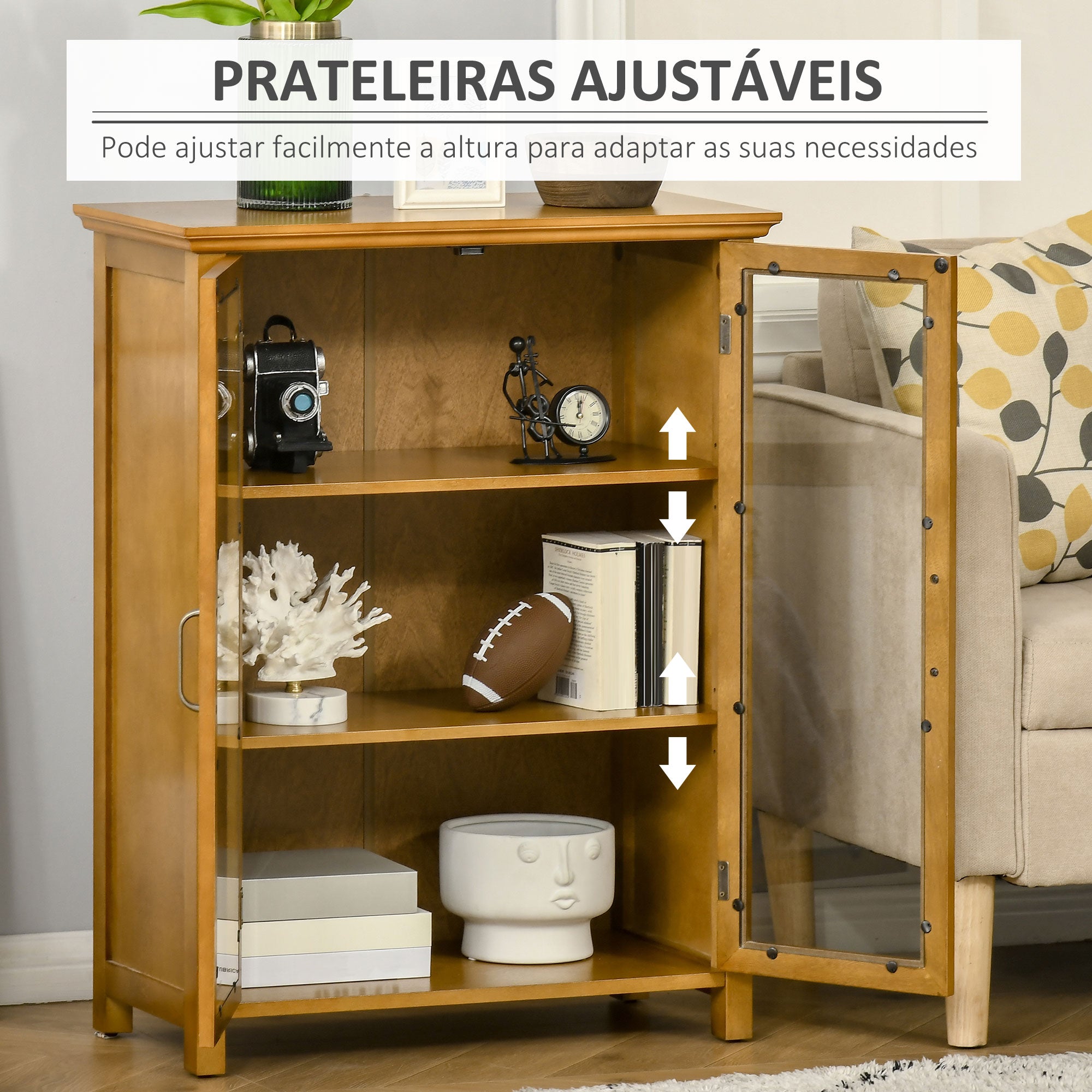Aparador Auxiliar com 2 Portas de Vidro Nogueira 66x31.8x86.8 cm