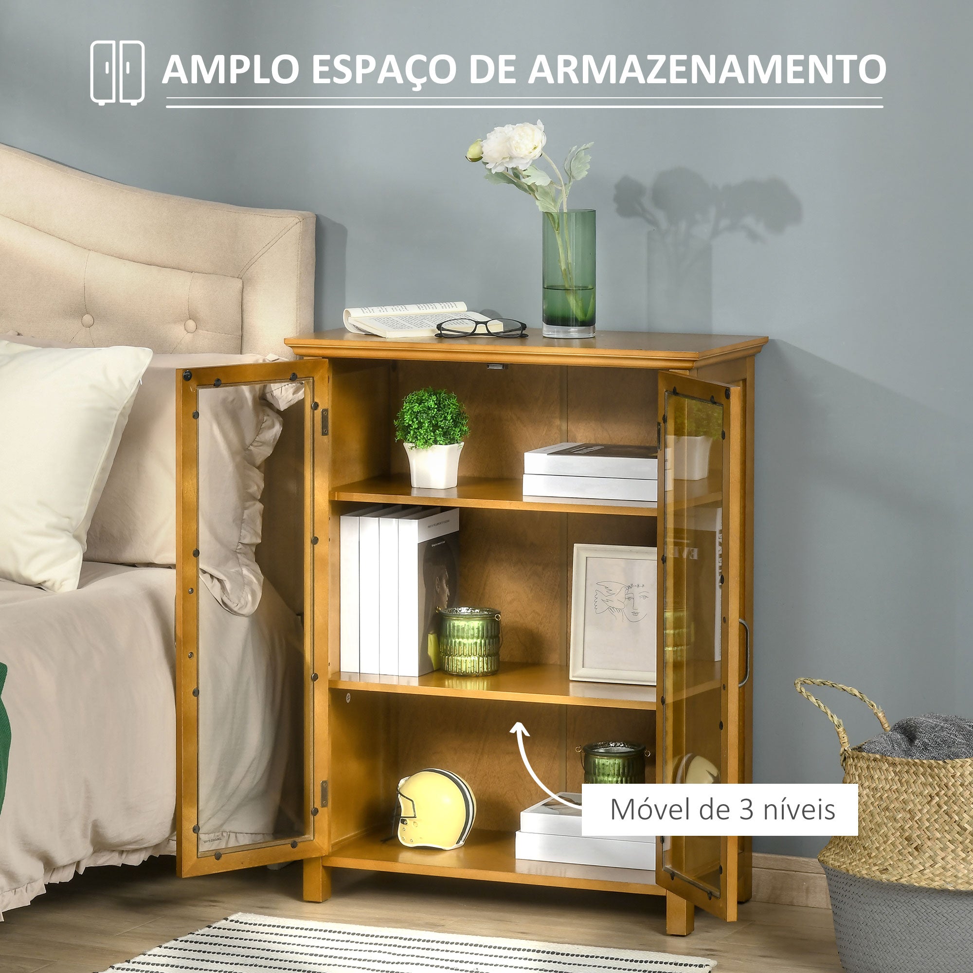 Aparador Auxiliar com 2 Portas de Vidro Nogueira 66x31.8x86.8 cm