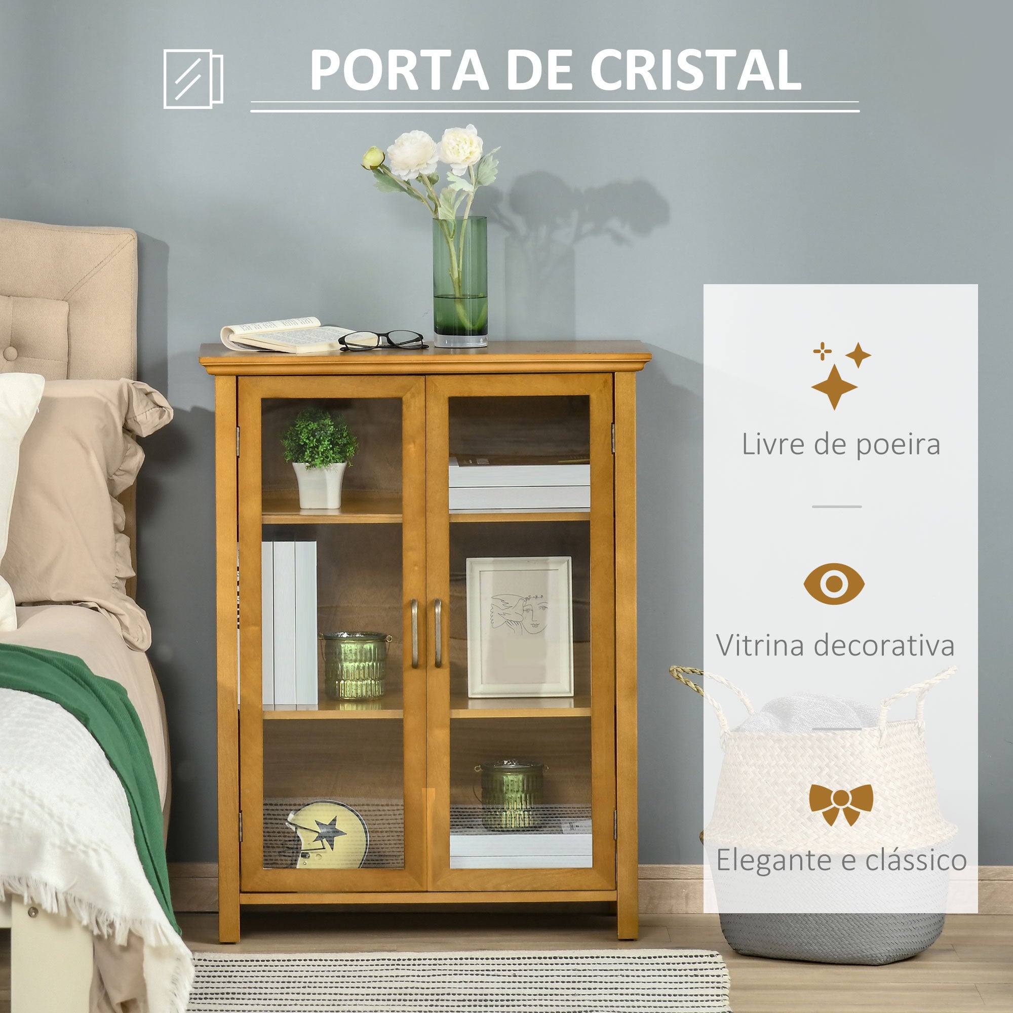 Aparador Auxiliar com 2 Portas de Vidro Nogueira 66x31.8x86.8 cm