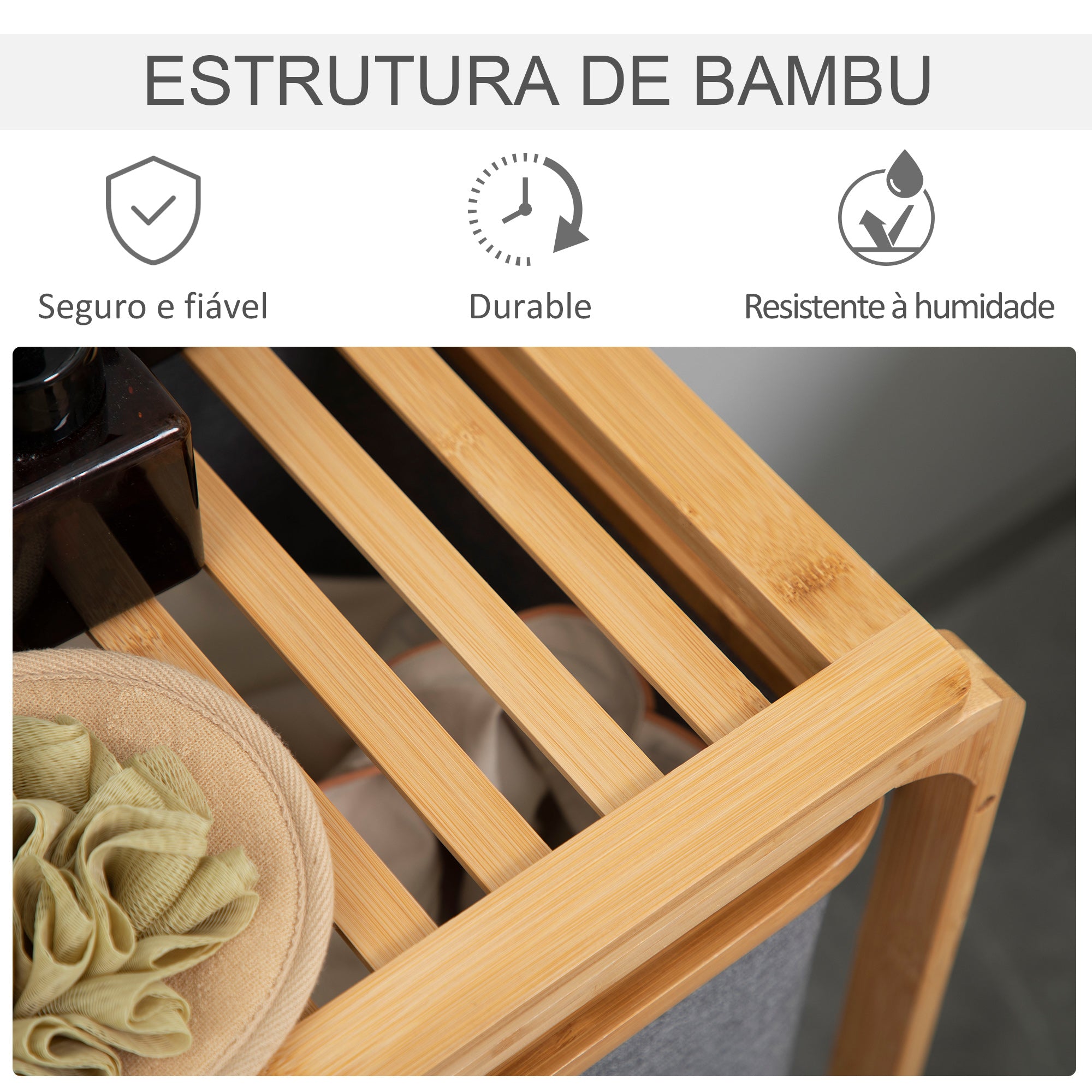 Cesto para Roupa Suja de Bambu com 3 Bolsas de Tecido - 50x32x69,7cm - Madeira e Cinza