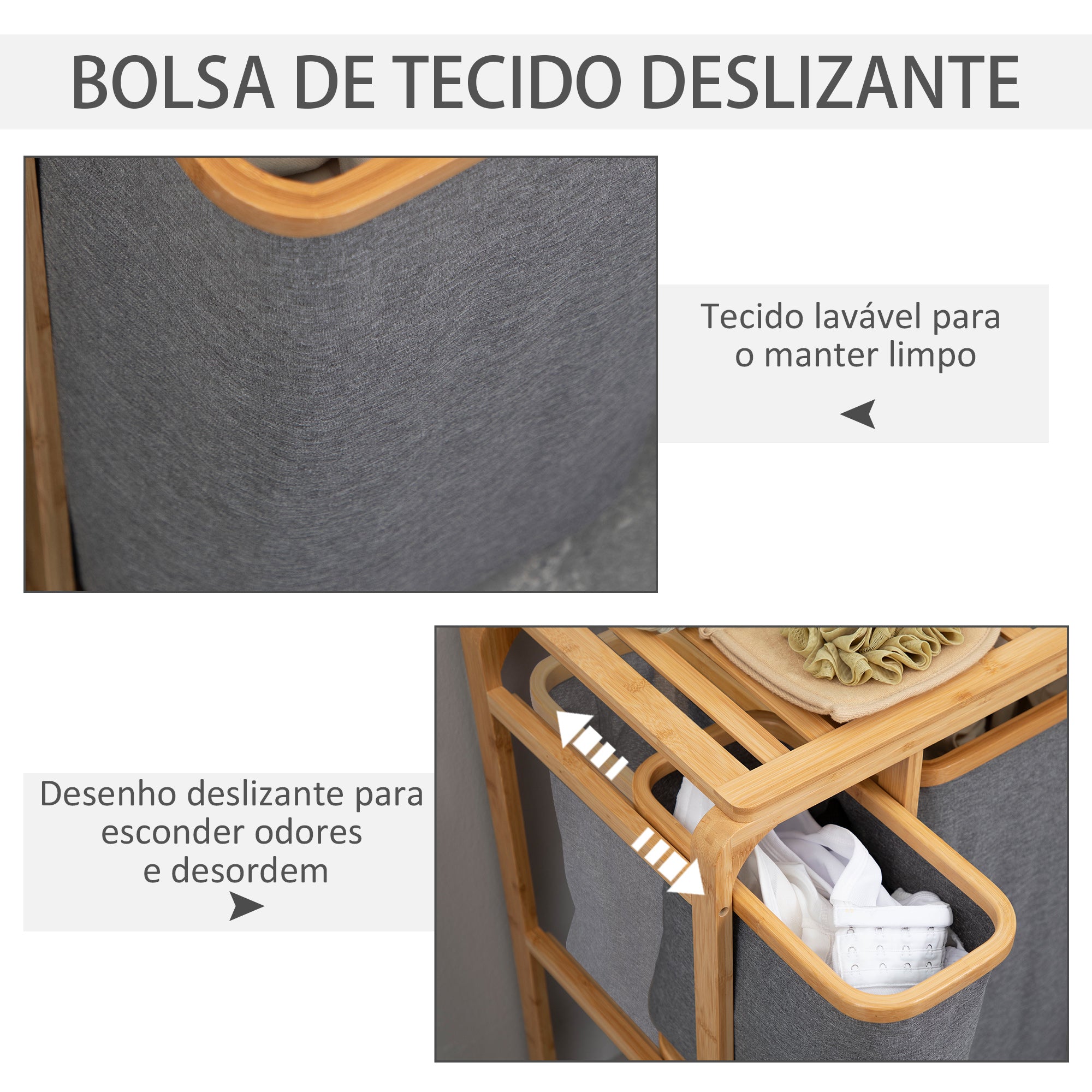 Cesto para Roupa Suja de Bambu com 3 Bolsas de Tecido - 50x32x69,7cm - Madeira e Cinza