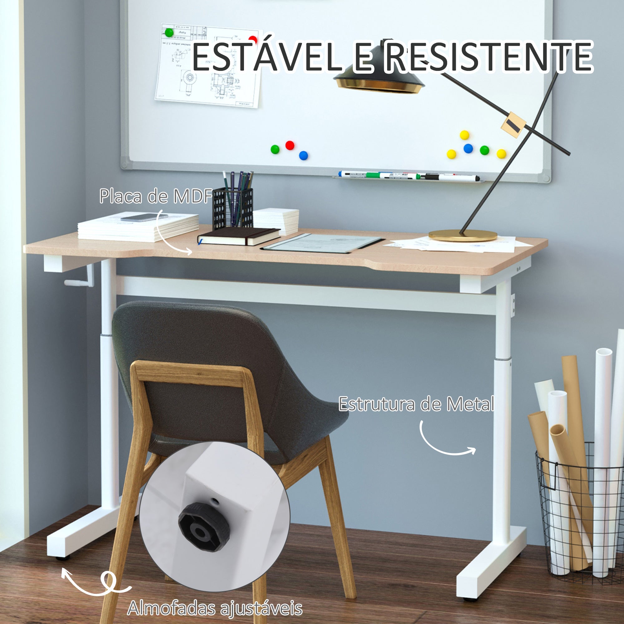 Secretária de Pé com Altura Ajustável 120x60x117 cm Branco