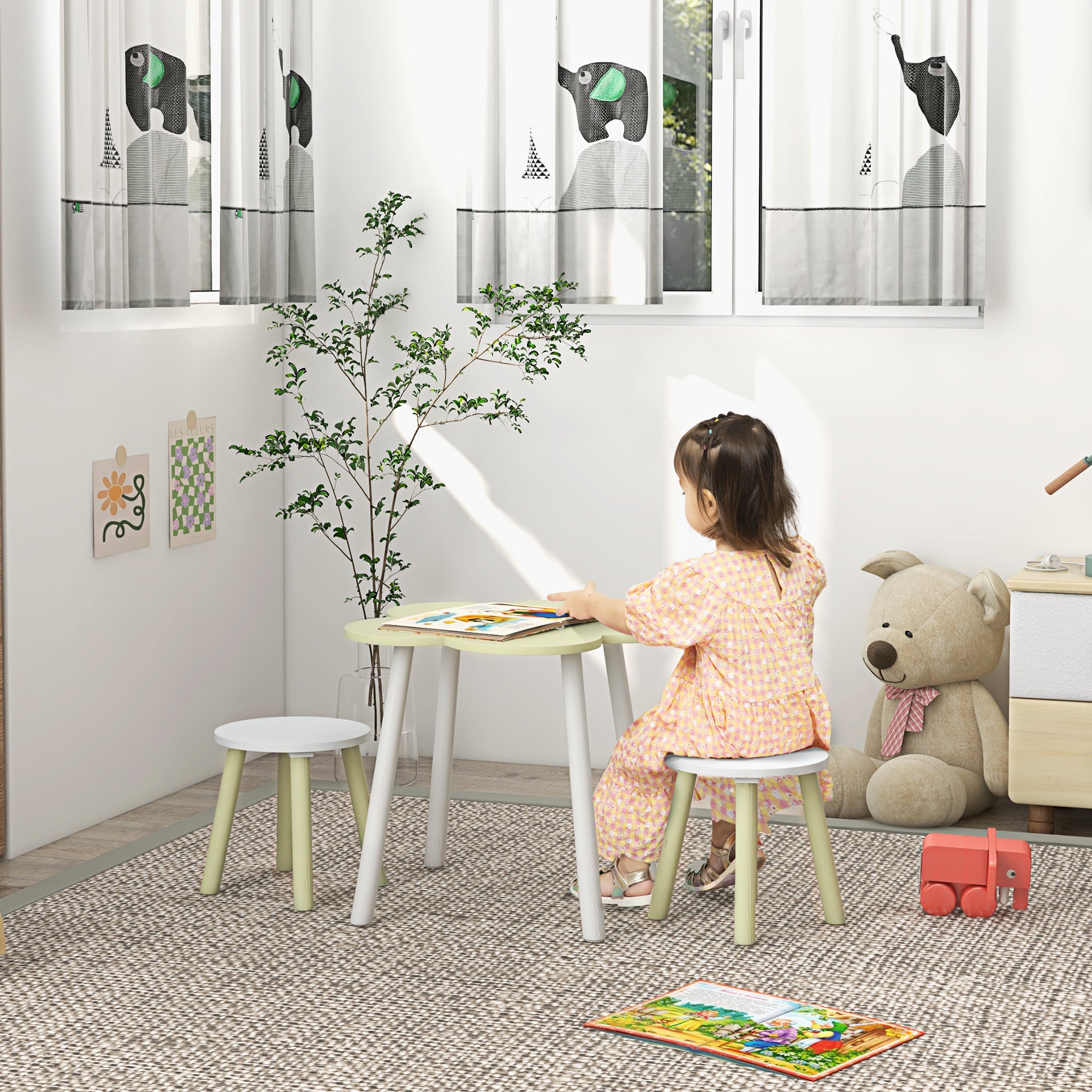 Conjunto de Mesa e 2 Cadeiras para Crianças - Verde Pastel e Branco - Ø59x50 cm