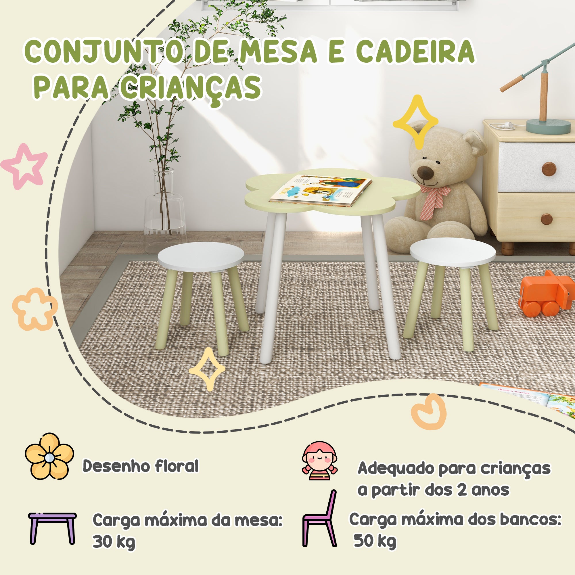 Conjunto de Mesa e 2 Cadeiras para Crianças - Verde Pastel e Branco - Ø59x50 cm