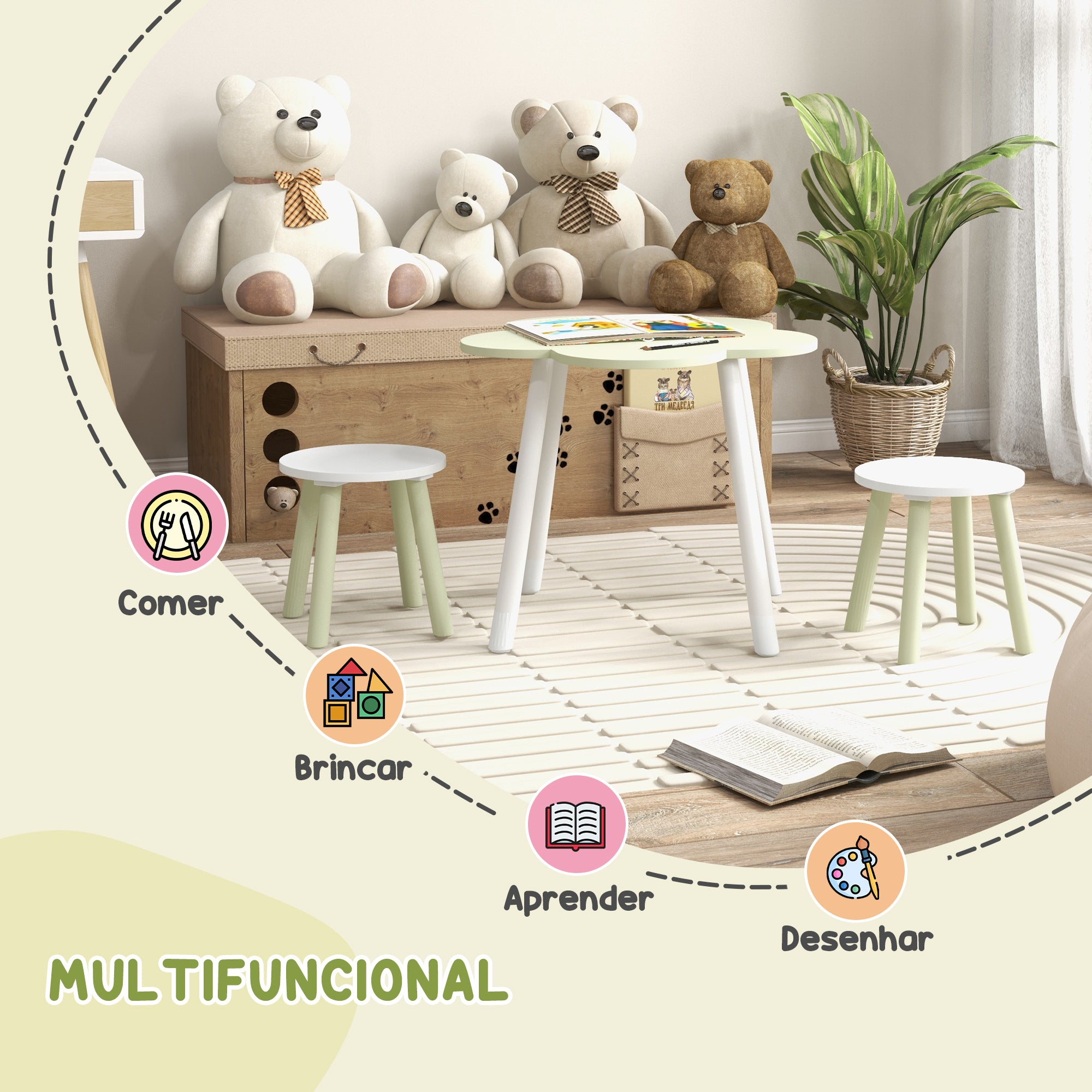 Conjunto de Mesa e 2 Cadeiras para Crianças - Verde Pastel e Branco - Ø59x50 cm
