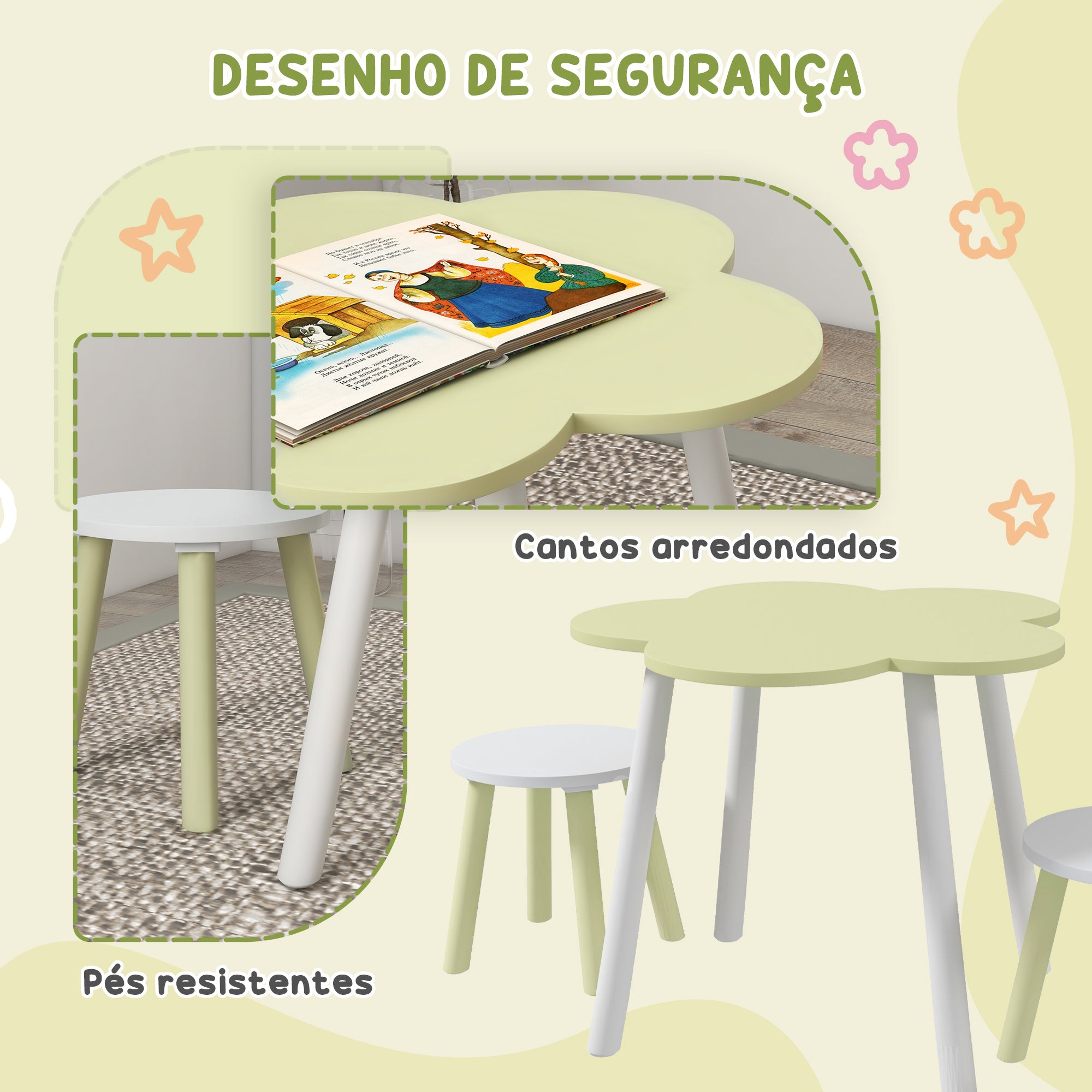 Conjunto de Mesa e 2 Cadeiras para Crianças - Verde Pastel e Branco - Ø59x50 cm