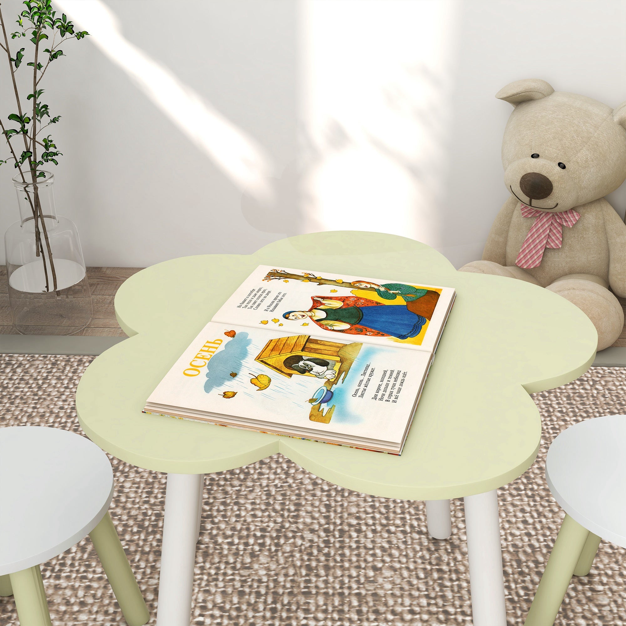 Conjunto de Mesa e 2 Cadeiras para Crianças - Verde Pastel e Branco - Ø59x50 cm