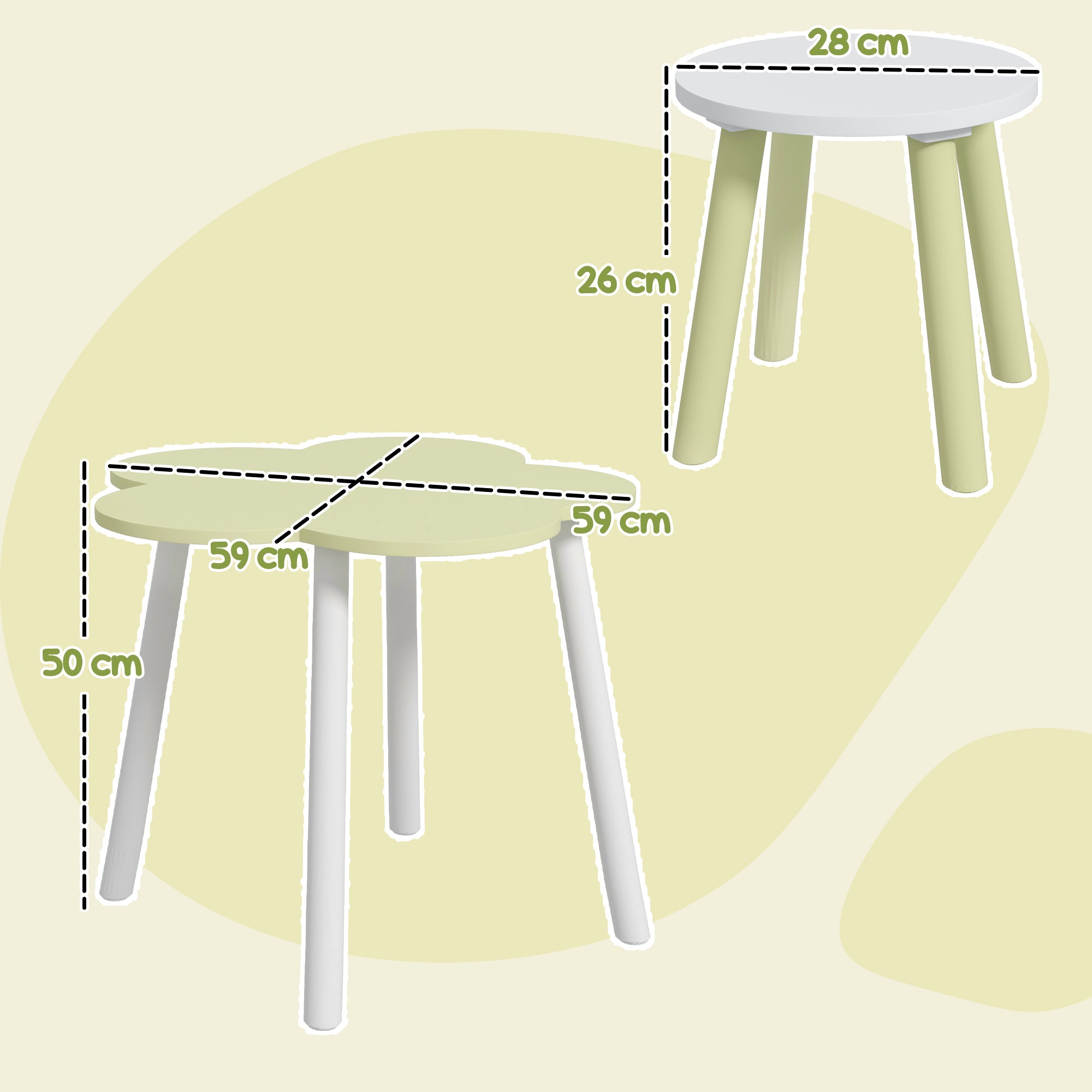 Conjunto de Mesa e 2 Cadeiras para Crianças - Verde Pastel e Branco - Ø59x50 cm