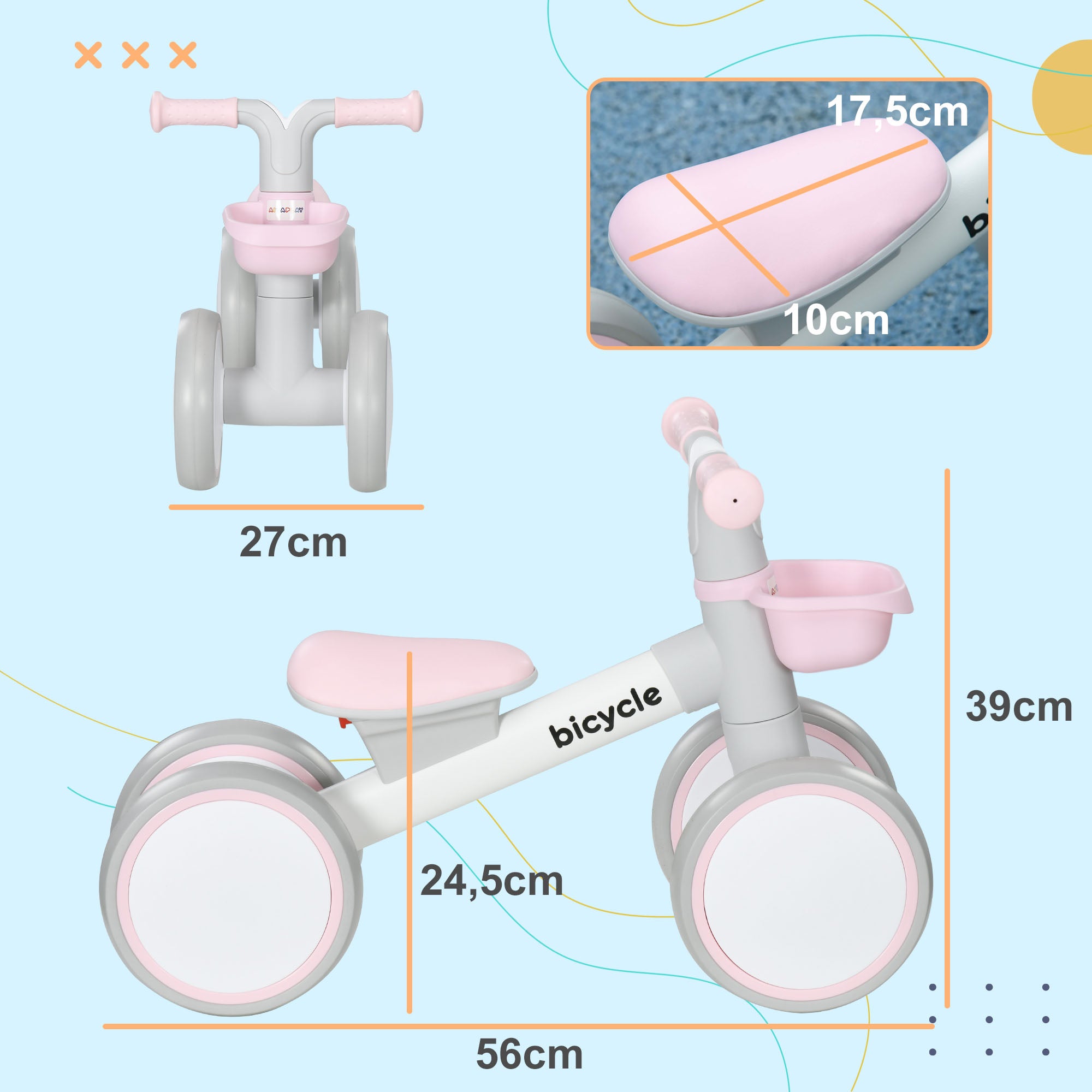 Bicicleta sem Pedais para Crianças 56x27x39 cm - Cor Rosa