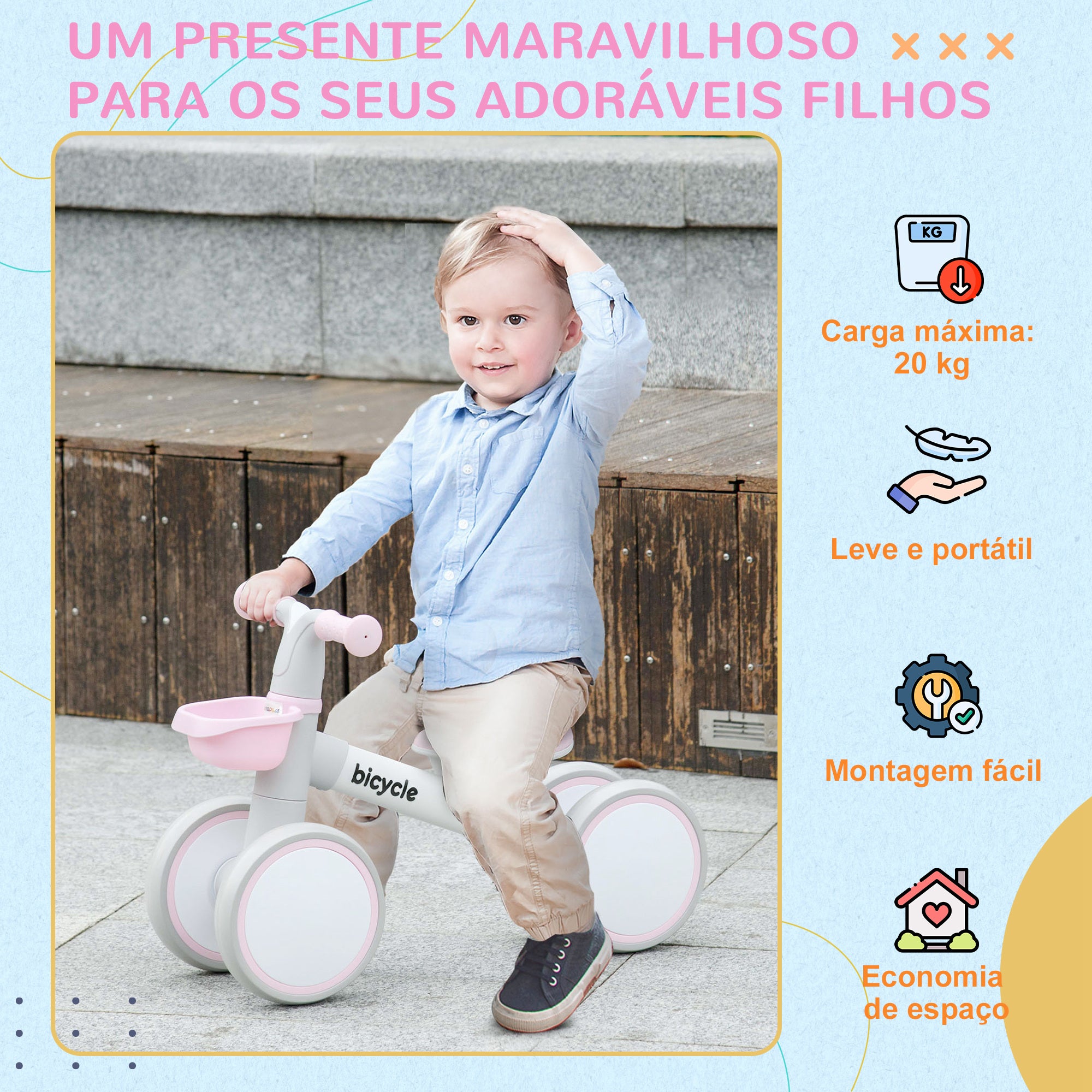 Bicicleta sem Pedais para Crianças 56x27x39 cm - Cor Rosa