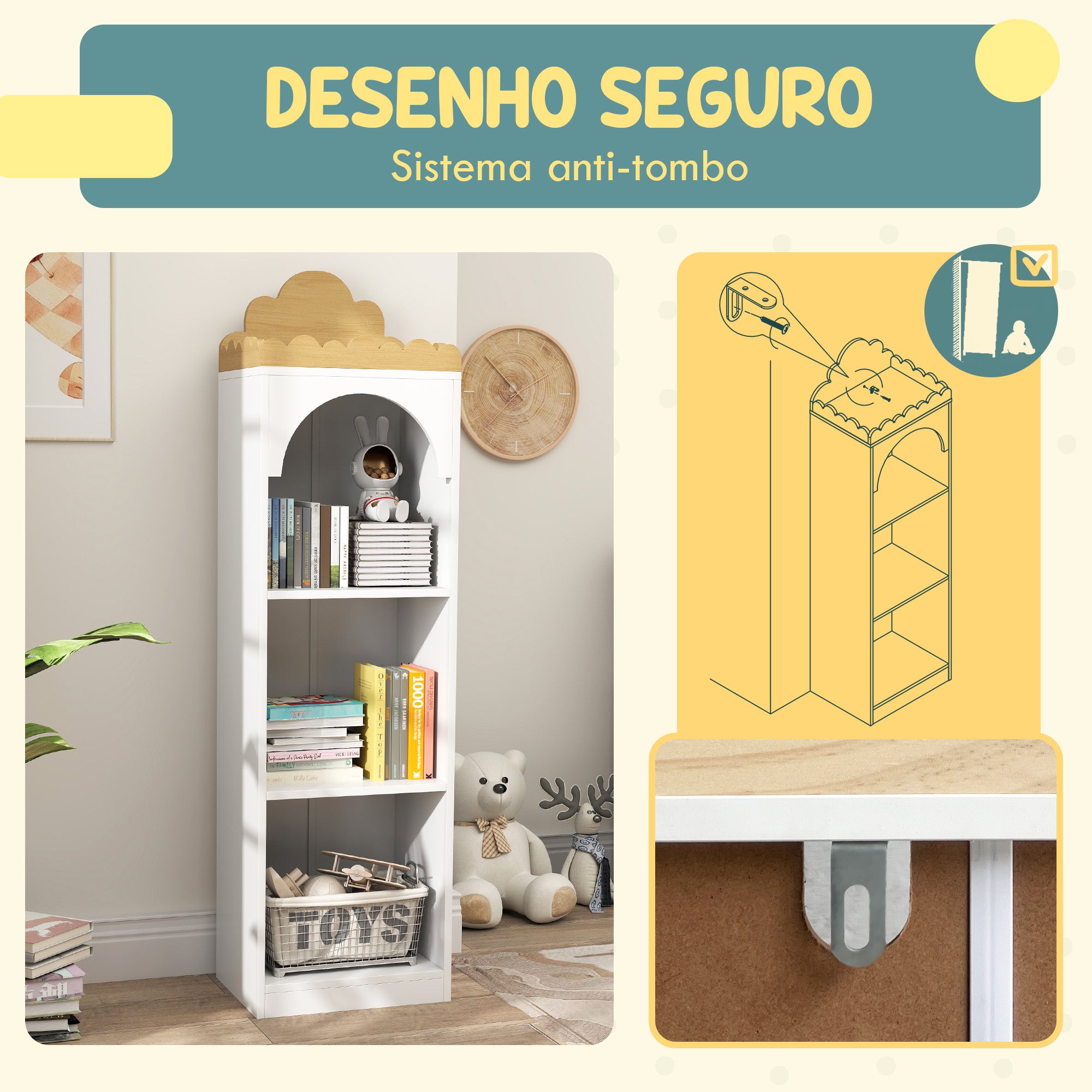 Estante Infantil 3 Níveis 40x30x139,5 cm - Branco e Madeira