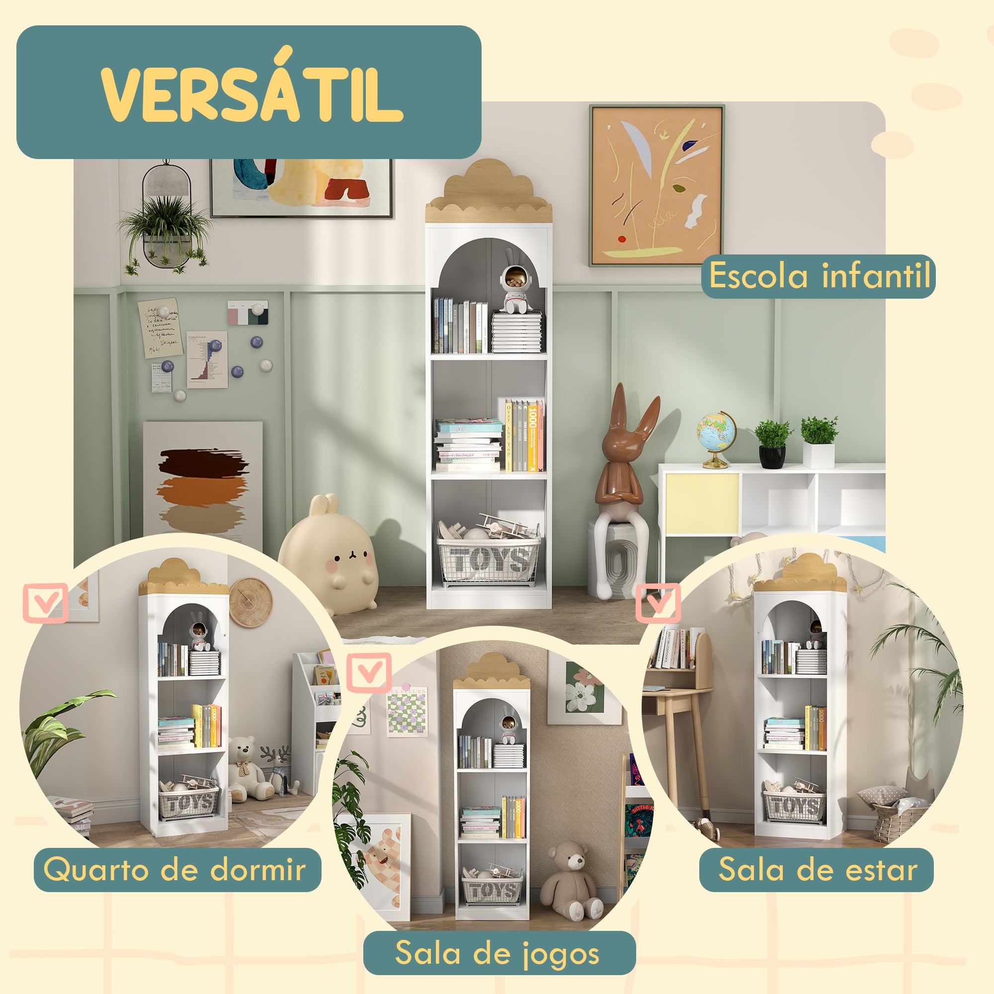 Estante Infantil 3 Níveis 40x30x139,5 cm - Branco e Madeira