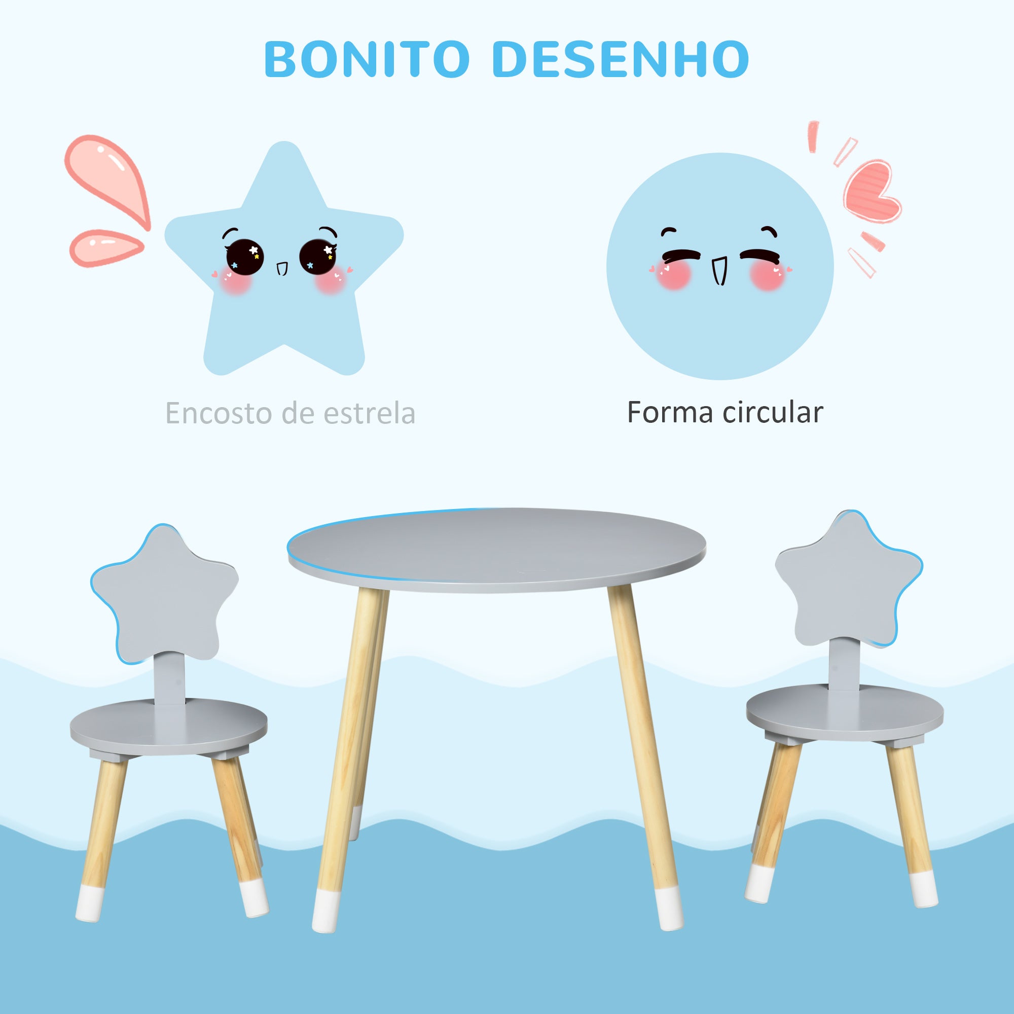 Conjunto Mesa e 2 Cadeiras Infantil Madeira Cinza 59x59x50cm