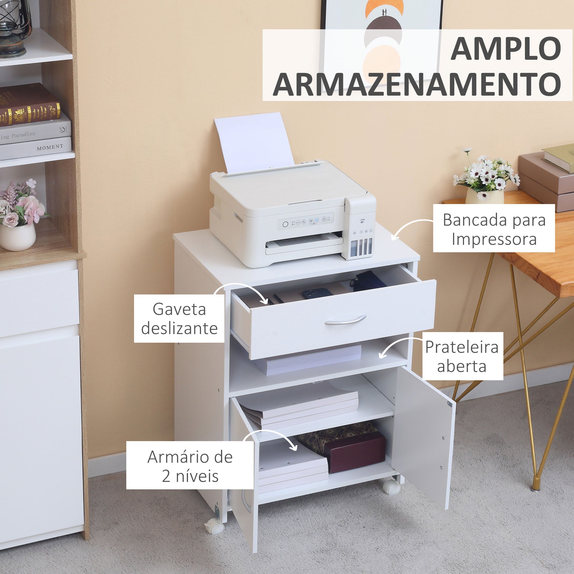 Armário para Impressora Móvel com Gaveta e 2 Portas 60x39x80cm Branco
