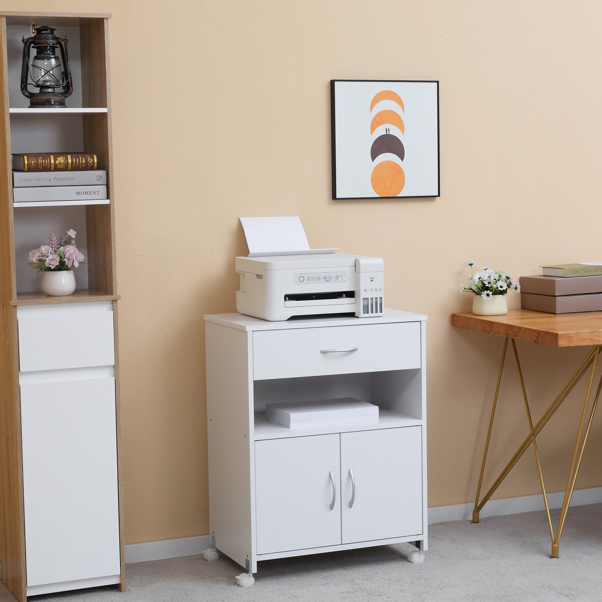 Armário para Impressora Móvel com Gaveta e 2 Portas 60x39x80cm Branco
