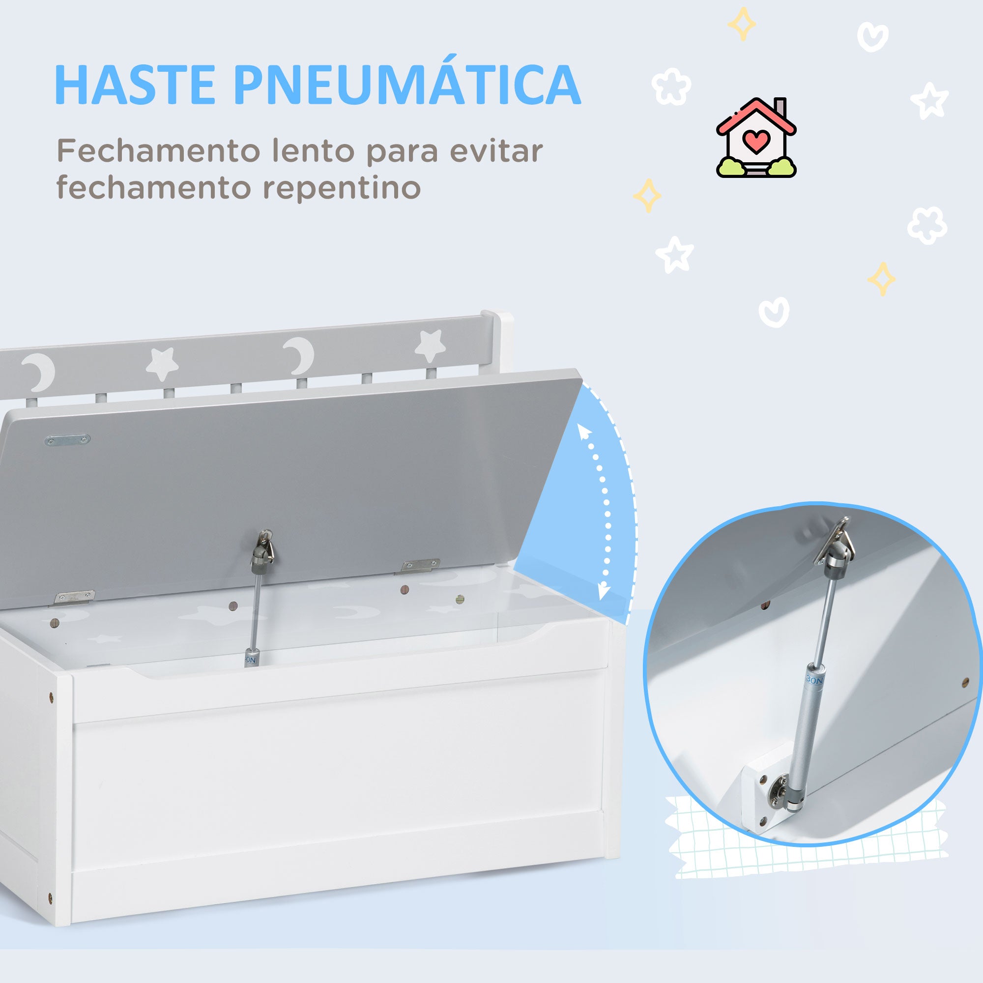 Baú Infantil 2 em 1 Organizador de Brinquedos 60x30x50cm Branco e Cinza