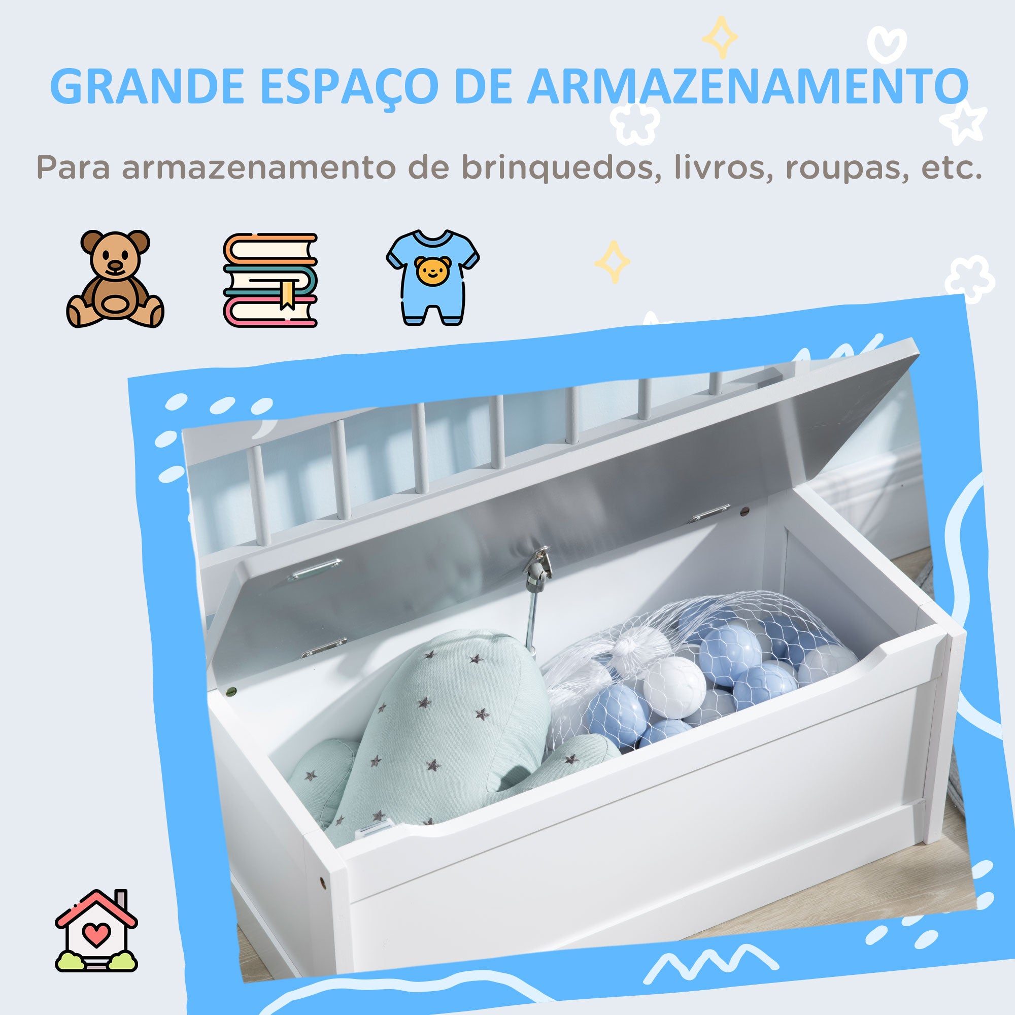 Baú Infantil 2 em 1 Organizador de Brinquedos 60x30x50cm Branco e Cinza
