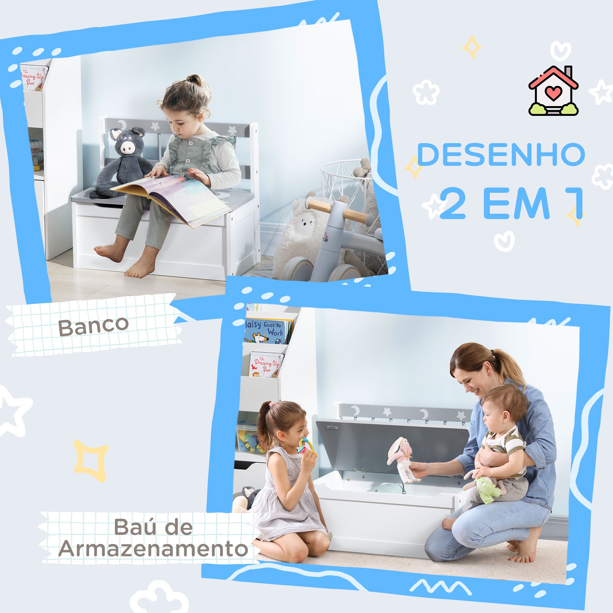 Baú Infantil 2 em 1 Organizador de Brinquedos 60x30x50cm Branco e Cinza