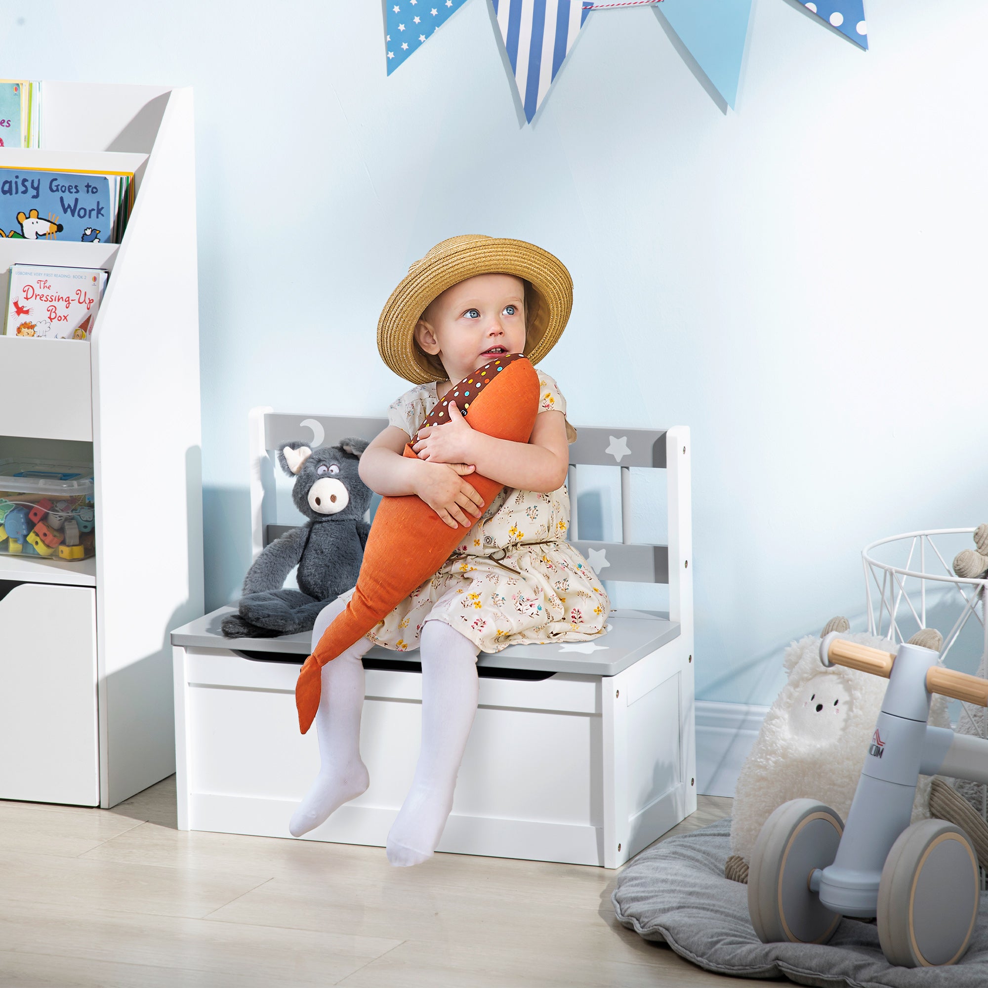 Baú Infantil 2 em 1 Organizador de Brinquedos 60x30x50cm Branco e Cinza