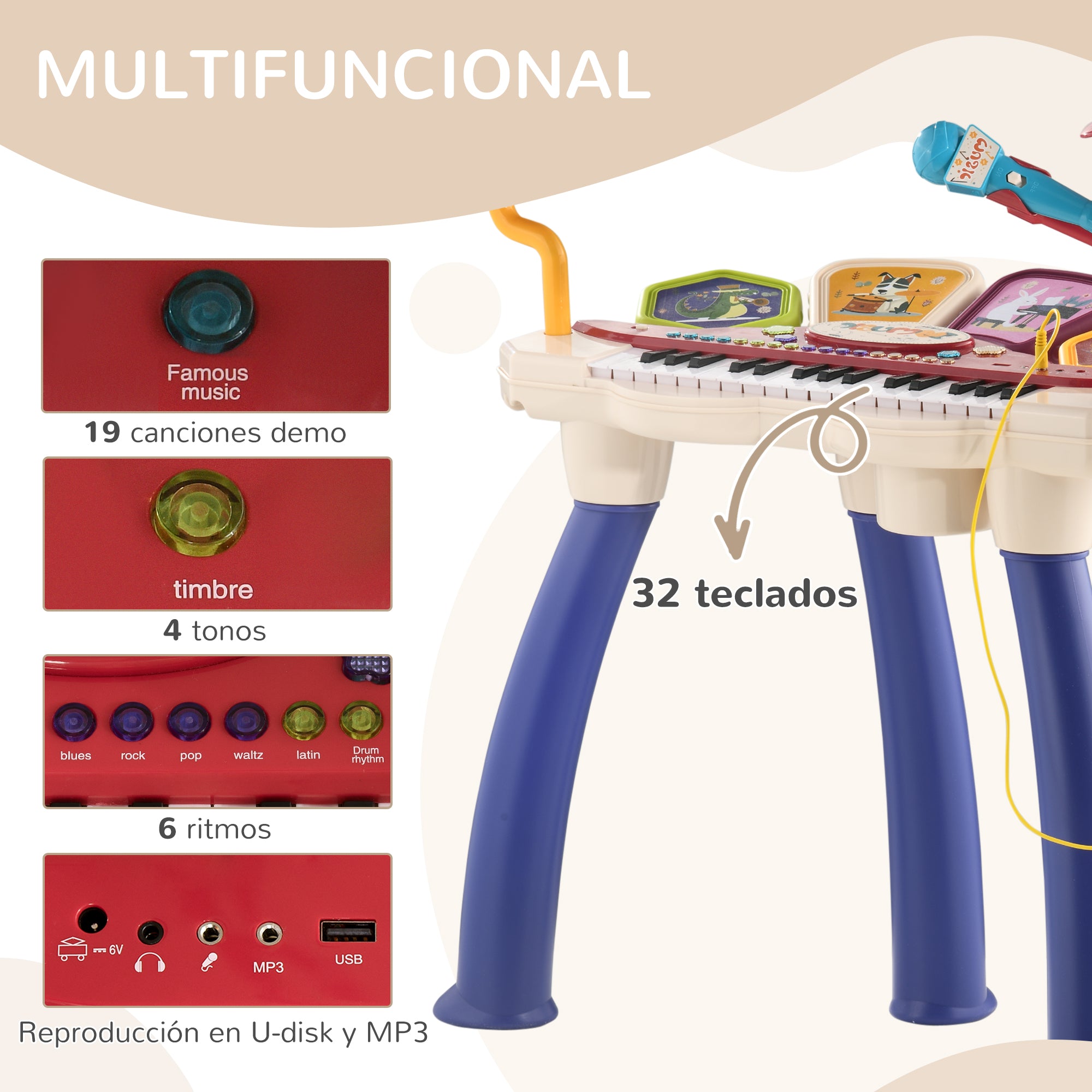 Piano Eletrónico Infantil 32 Teclas Multicor 74x32,2x71 cm