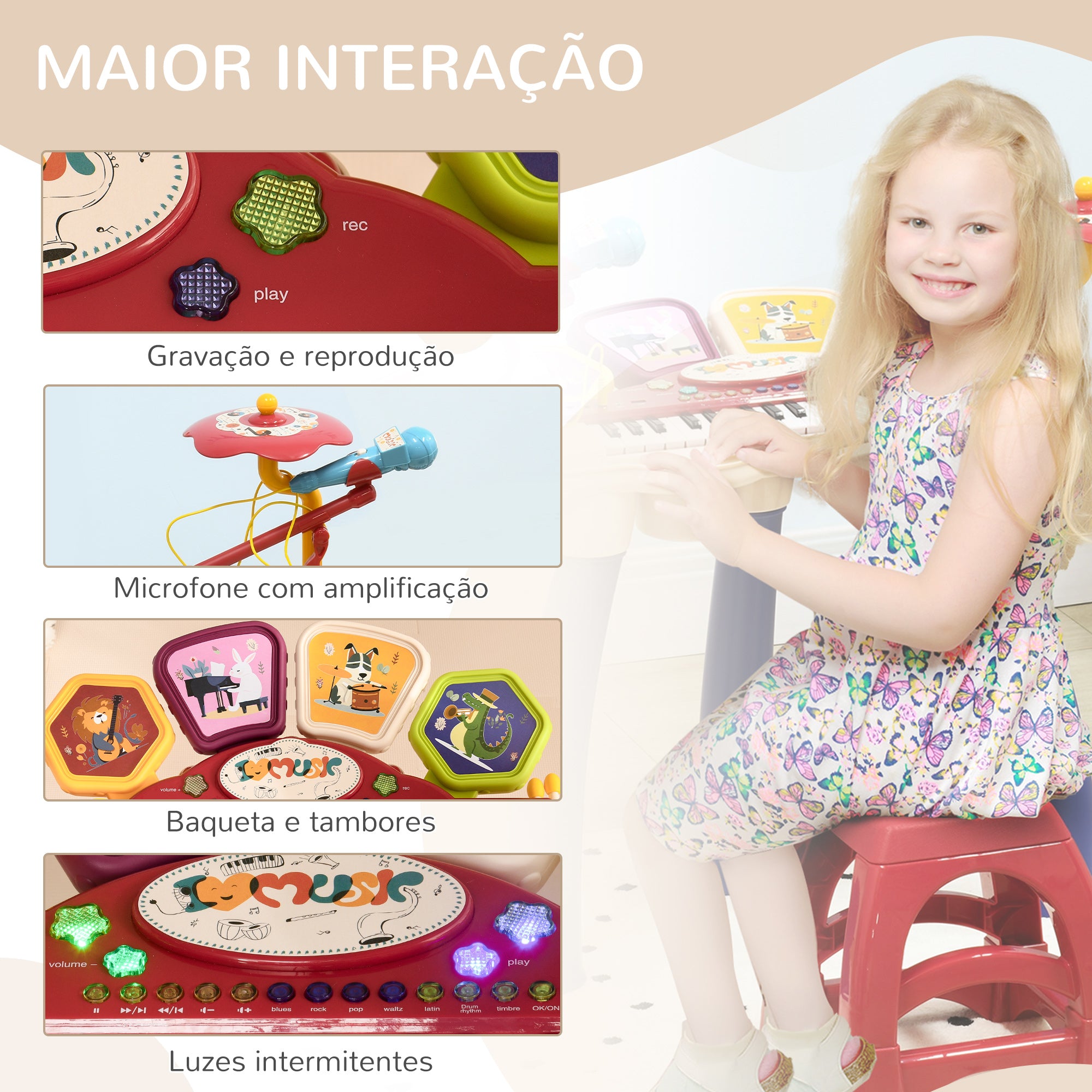Piano Eletrónico Infantil 32 Teclas Multicor 74x32,2x71 cm
