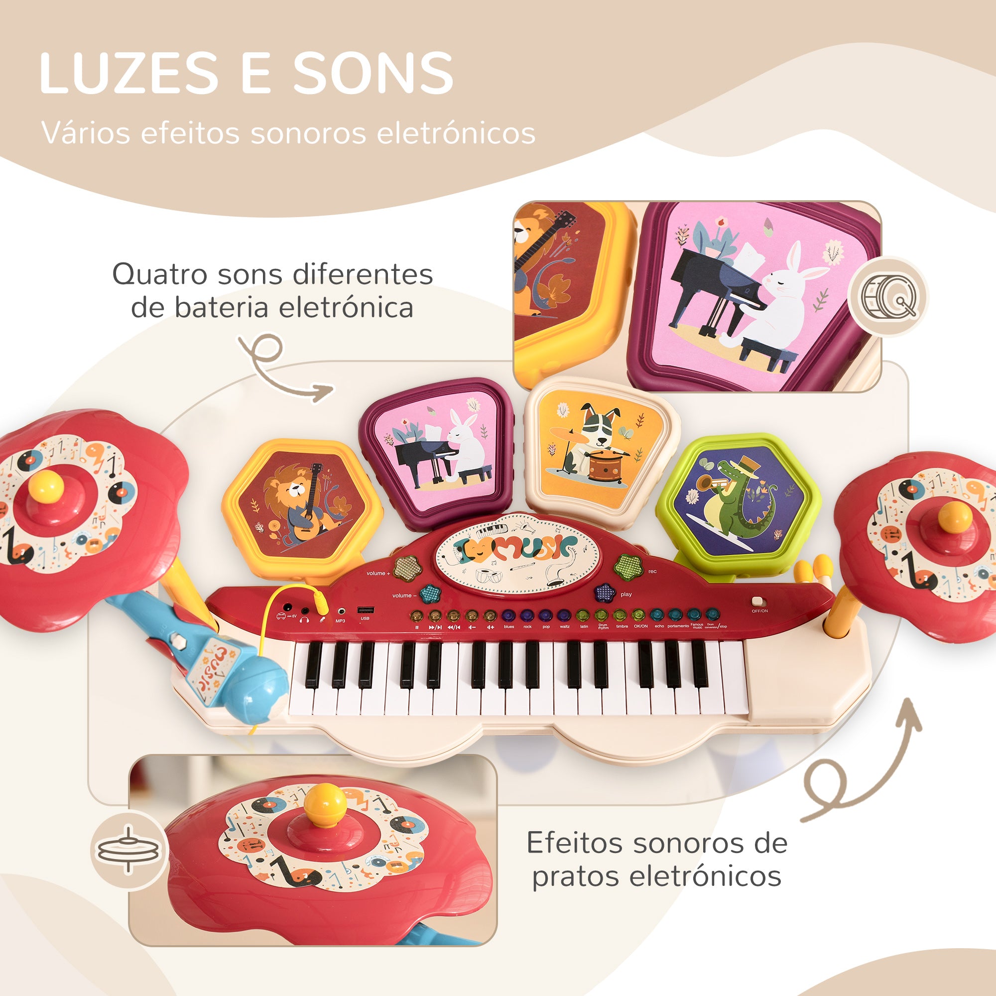 Piano Eletrónico Infantil 32 Teclas Multicor 74x32,2x71 cm