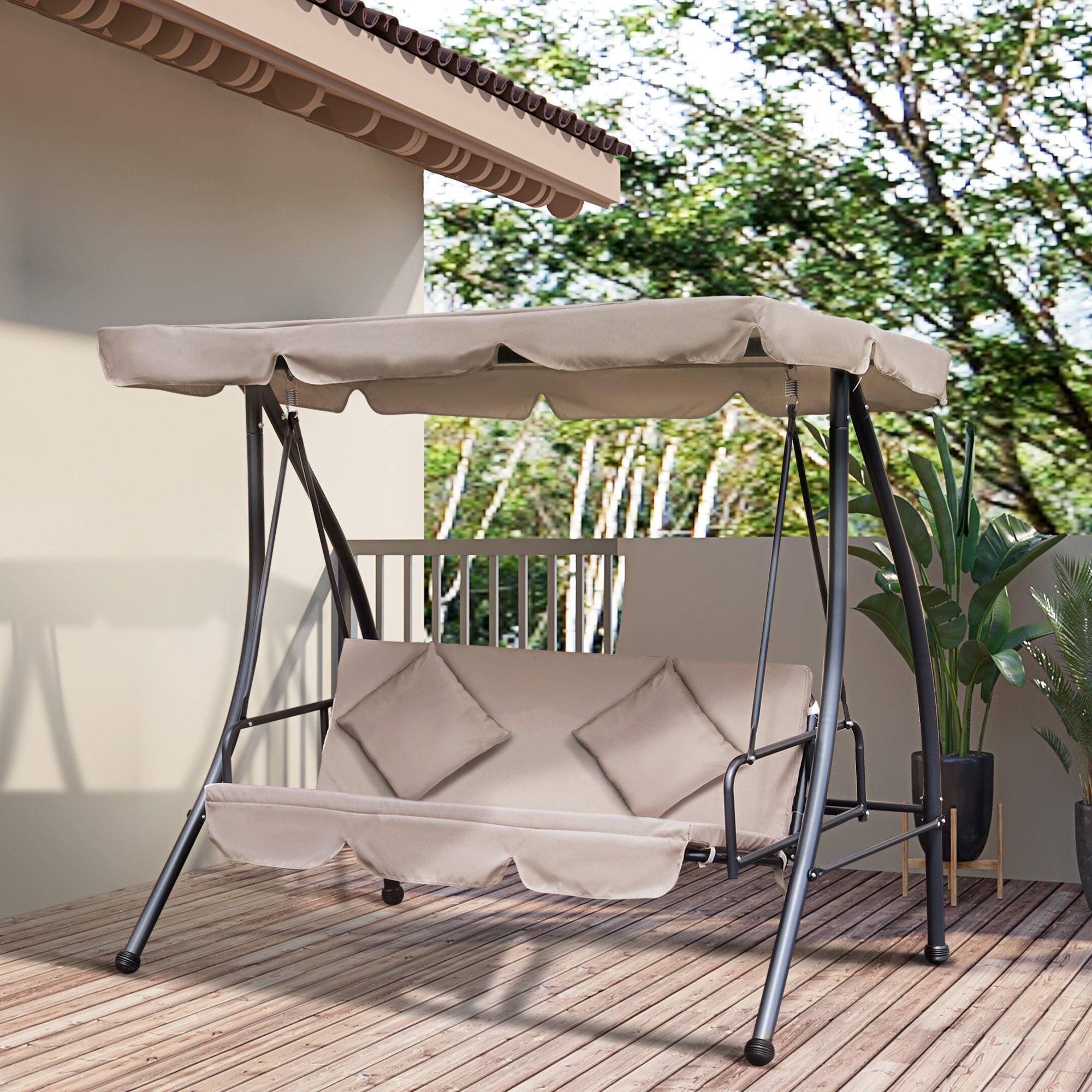 Baloiço de Jardim 3 Lugares Bege 200x125x170cm Convertível em Cama com Toldo Reclinável
